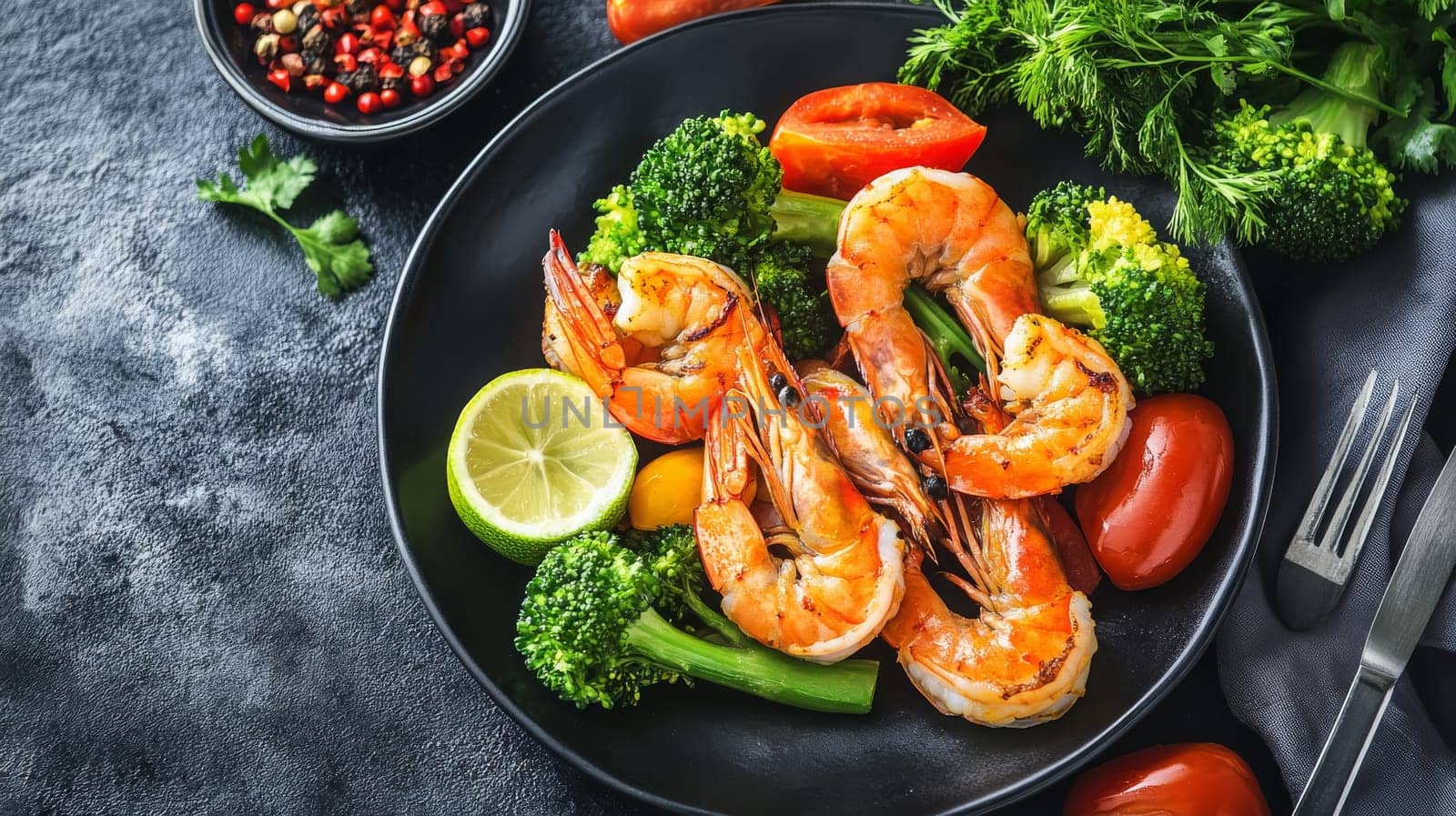 Fried shrimps on a plate with vegetables, Generative AI, food