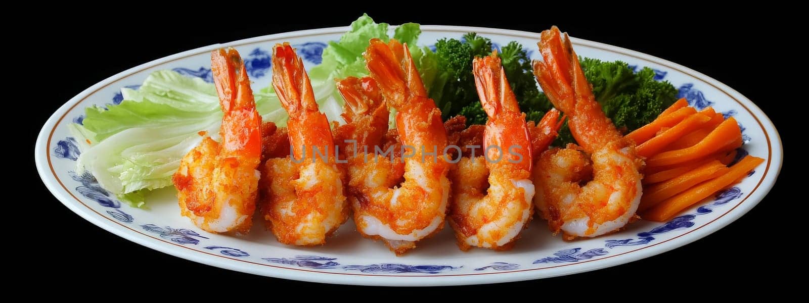 Fried shrimps on a plate with vegetables, Generative AI, food