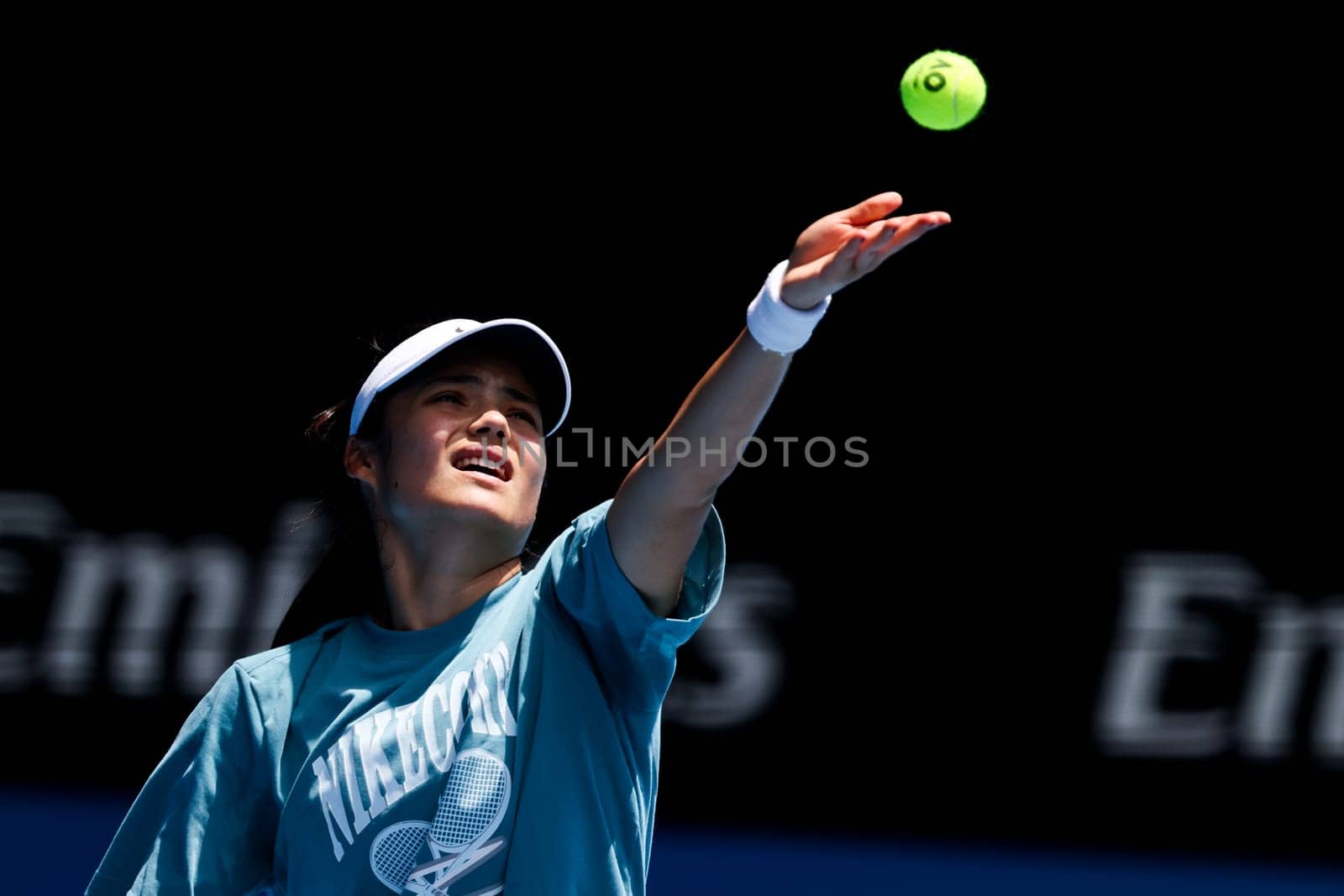 MELBOURNE, AUSTRALIA - JANUARY 10: Emma Radacanu of Great Britain during practice with Andrey Rublev ahead of the 2025 Australian Open at Melbourne Park on January 10, 2025 in Melbourne, Australia.