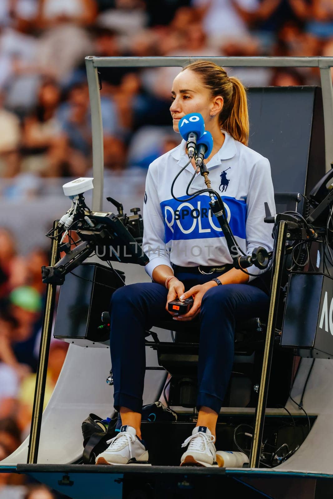 MELBOURNE, AUSTRALIA - JANUARY 19: Marijana Veljovic umpires the match between Ugo Humbert of France and Alexander Zverev of Germany on day eight of the 2025 Australian Open at Melbourne Park on January 19, 2025 in Melbourne, Australia.