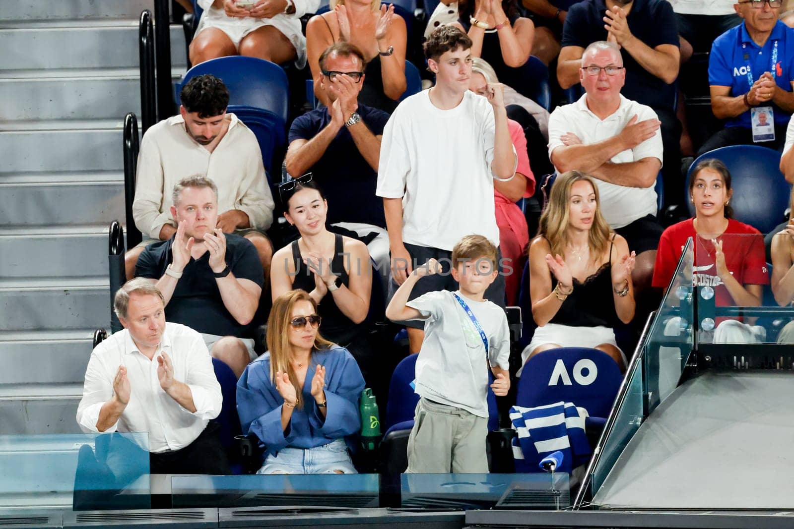 MELBOURNE, AUSTRALIA - JANUARY 19: Jelena Djokovic and Stefan Djokovic watch Novak Djokovic of Serbia play Jiri Lehecka of Czech Republic on day eight of the 2025 Australian Open at Melbourne Park on January 19, 2025 in Melbourne, Australia.