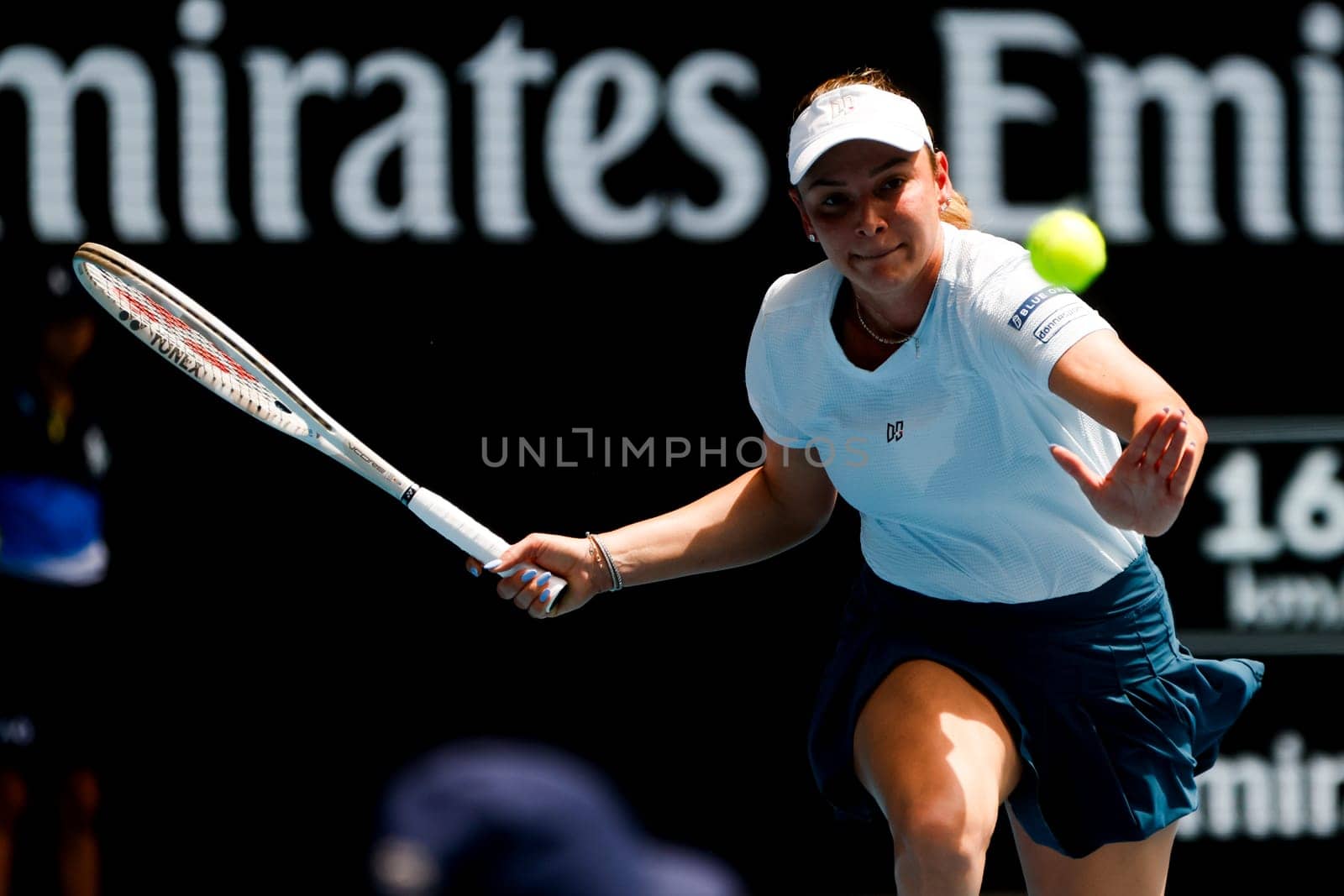MELBOURNE, AUSTRALIA - JANUARY 19: Donna Vekic of Croatia runs for a forehand to Anastasia Pavlyuchenkova of Russia on day eight of the 2025 Australian Open at Melbourne Park on January 19, 2025 in Melbourne, Australia.