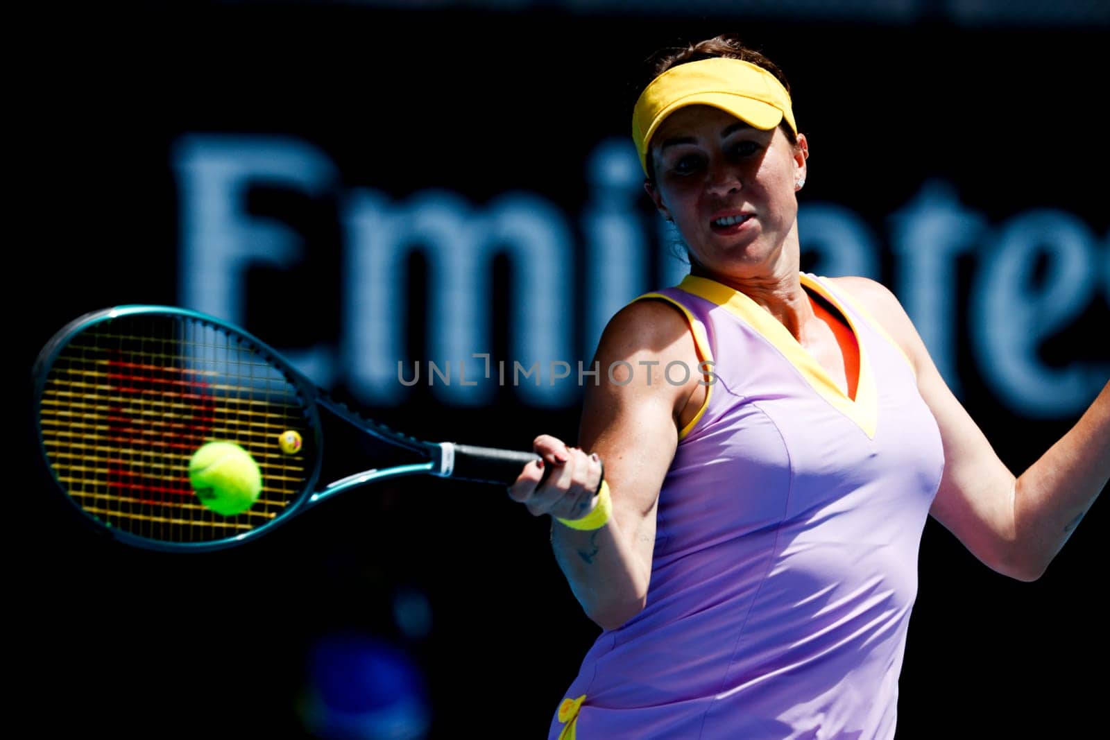 MELBOURNE, AUSTRALIA - JANUARY 19: Anastasia Pavlyuchenkova of Russia hits a forehand to Donna Vekic of Croatia on day eight of the 2025 Australian Open at Melbourne Park on January 19, 2025 in Melbourne, Australia.