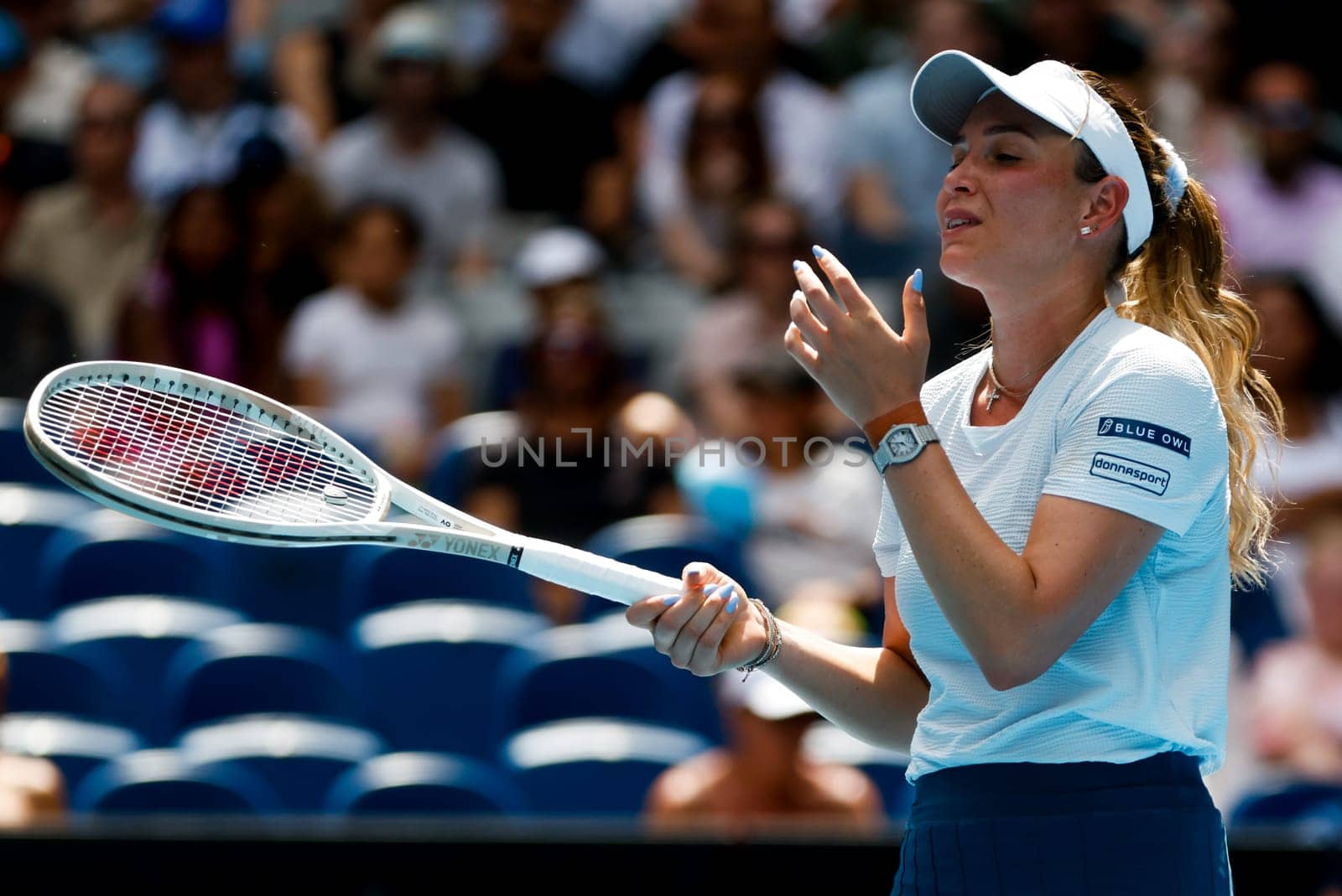 MELBOURNE, AUSTRALIA - JANUARY 19: Donna Vekic of Croatia reacts to a missed point whilst playing Anastasia Pavlyuchenkova of Russia on day eight of the 2025 Australian Open at Melbourne Park on January 19, 2025 in Melbourne, Australia.