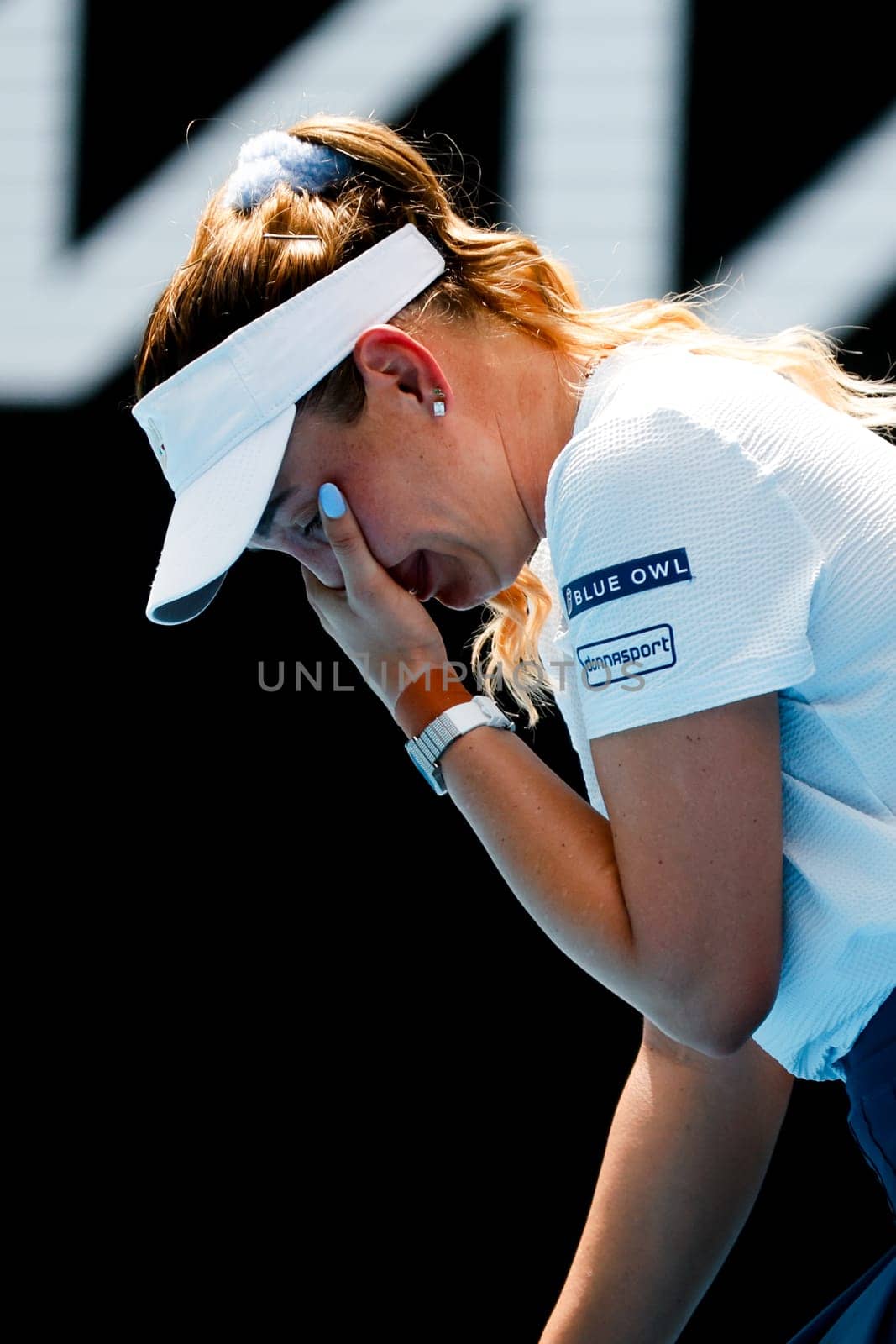 MELBOURNE, AUSTRALIA - JANUARY 19: Donna Vekic of Croatia becomes upset whilst playing Anastasia Pavlyuchenkova of Russia on day eight of the 2025 Australian Open at Melbourne Park on January 19, 2025 in Melbourne, Australia.