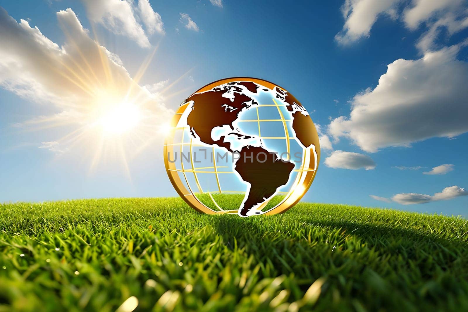 golden globe green grass blue sky ecology climate nature sun light landscape earth planet generated ai alt illustration background image wallpaper . High quality 3d illustration
