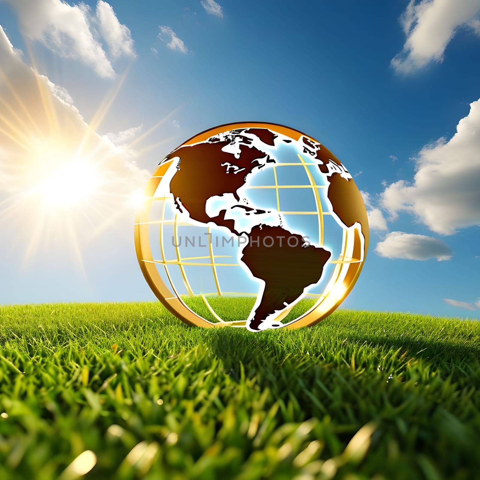 golden globe green grass blue sky ecology climate nature sun light landscape earth planet generated ai alt illustration background image wallpaper . High quality 3d illustration