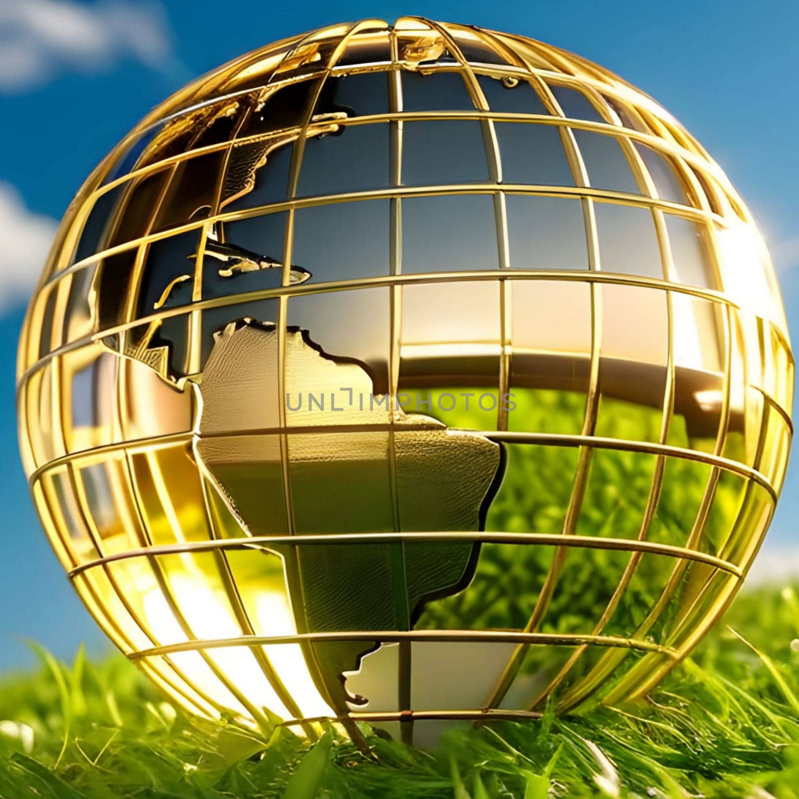 golden globe green grass blue sky ecology climate nature sun light landscape earth planet generated ai alt illustration background image wallpaper . High quality 3d illustration
