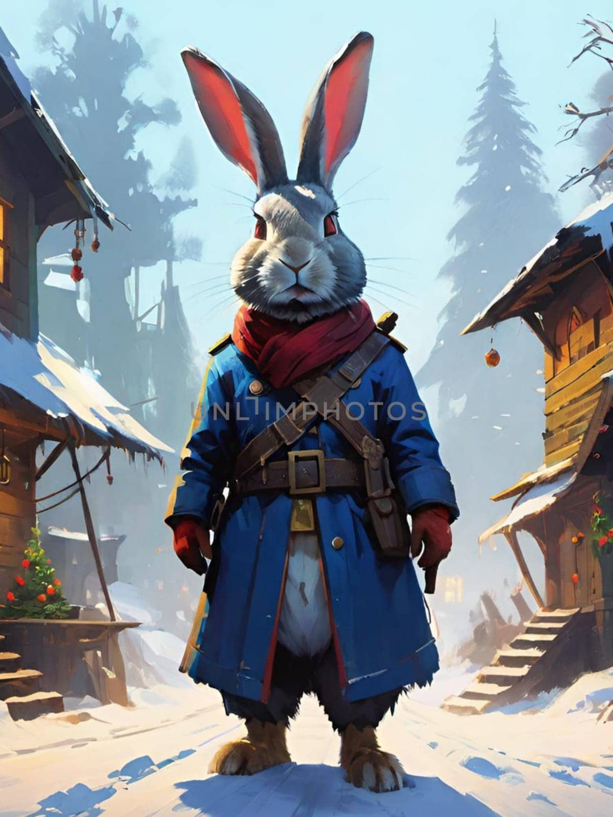 Bunny rabbit in blue coat, pet animal snow winter easter generated ai alt illustration . High quality illustration