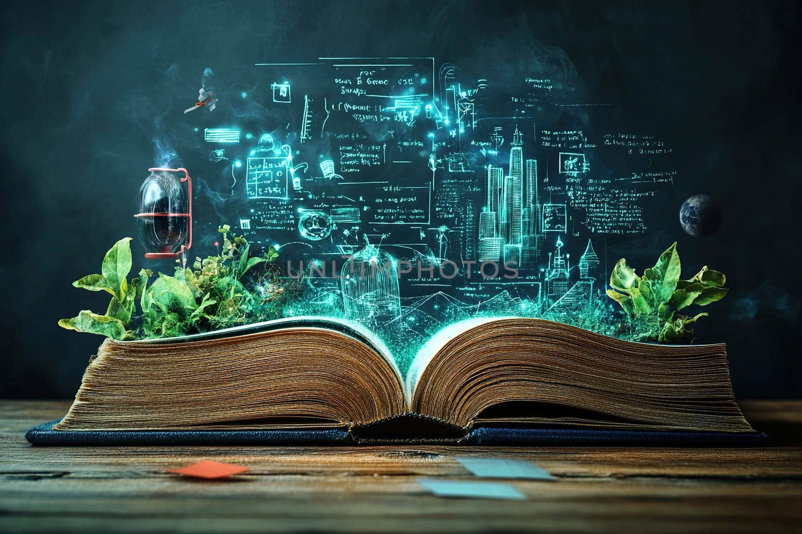 An open book with a virtual projection of the earth, greenery and graphs. The concept of the latest technologies in education.