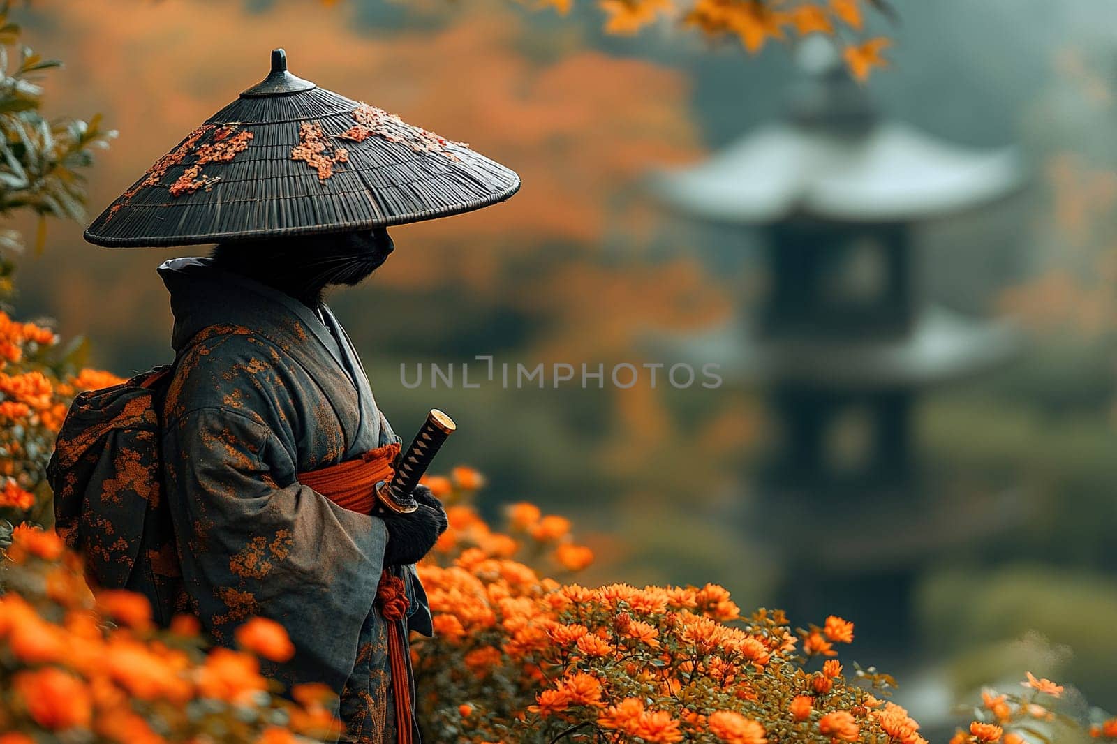 A black cat in a samurai costume with a sword and a cone-shaped hat stands in a green garden with flowers.