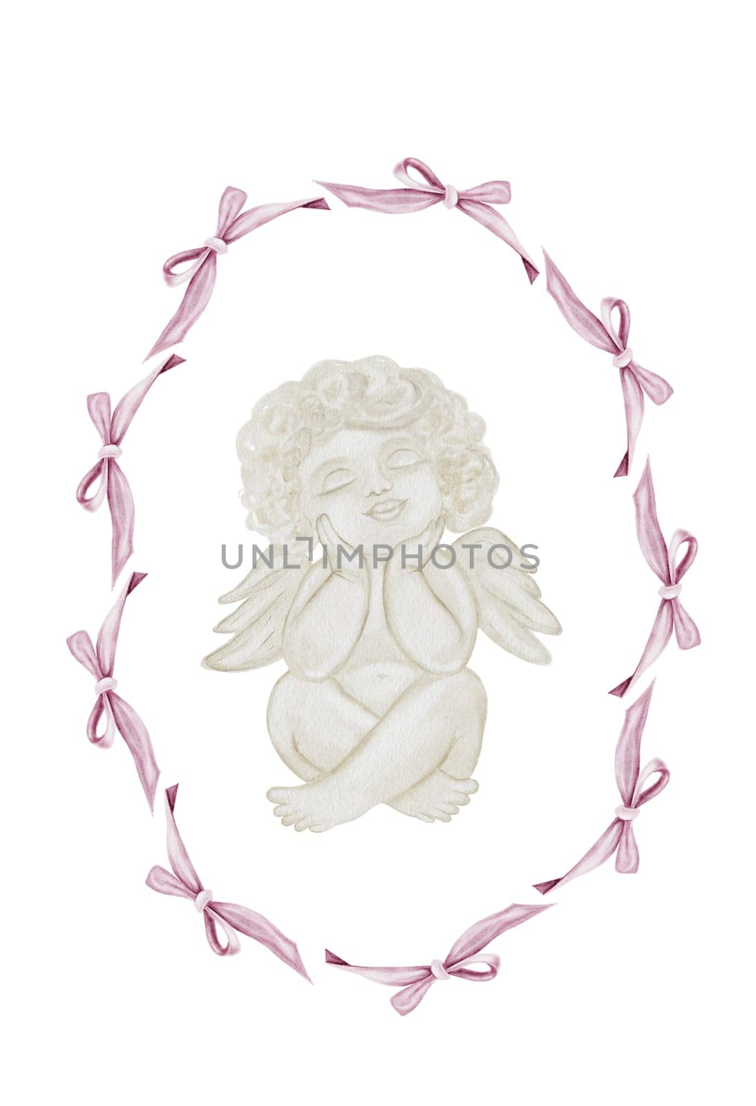 Watercolor Cupid in a frame of bows. Baptism angel. Hand drawn little Cherub in pastel colors on a white background. Clip art religious. Perfect for Valentine's Day and Christening cards and posters. High quality illustration. High quality illustration