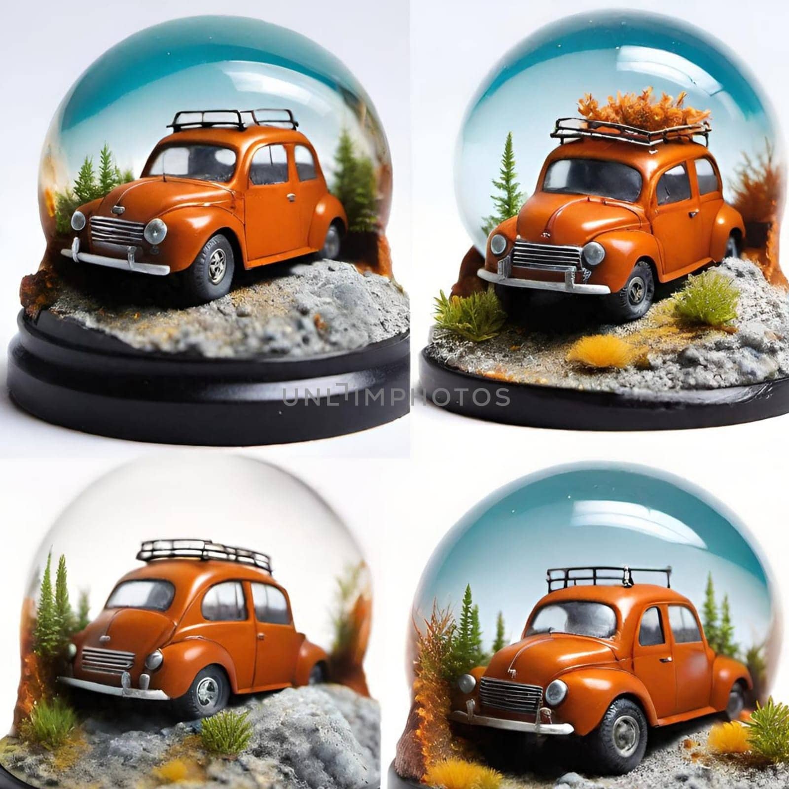 retro car in glass ball orange toy vintage transport souvenir generated ai alt illustration 3D render . High quality