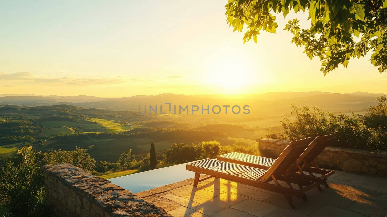 Summer luxury resort, private villa landscape background with open swimming pool, lounge chairs, valley, mountain view at calm sunset