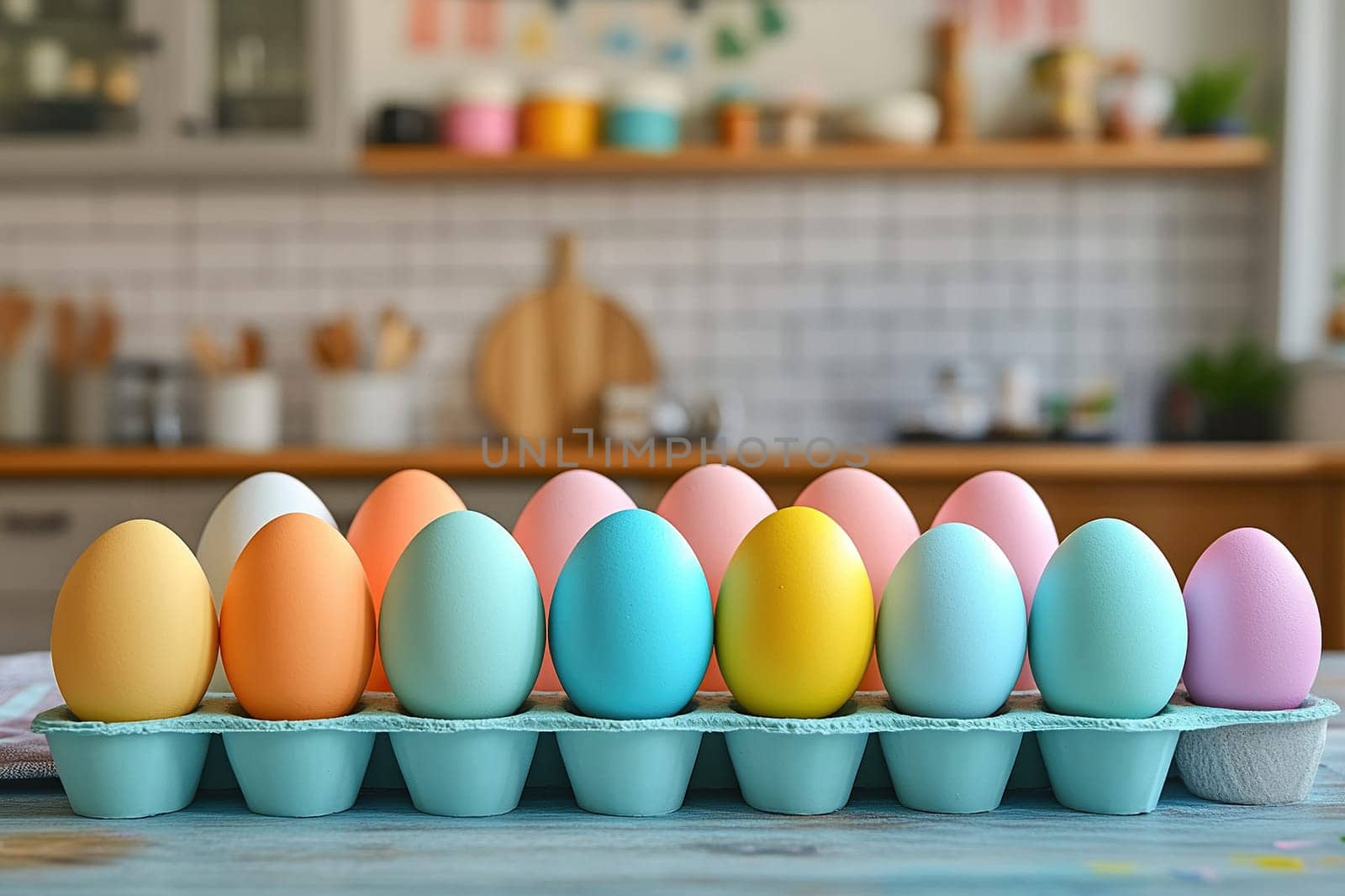 A tray of colored eggs on a table in the kitchen of a house. Eggs, paints on the table