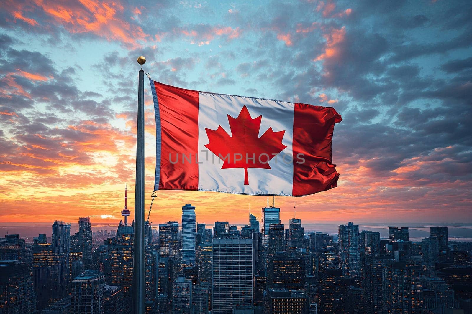 A huge Canadian flag flutters in the sky over a large city at sunset.