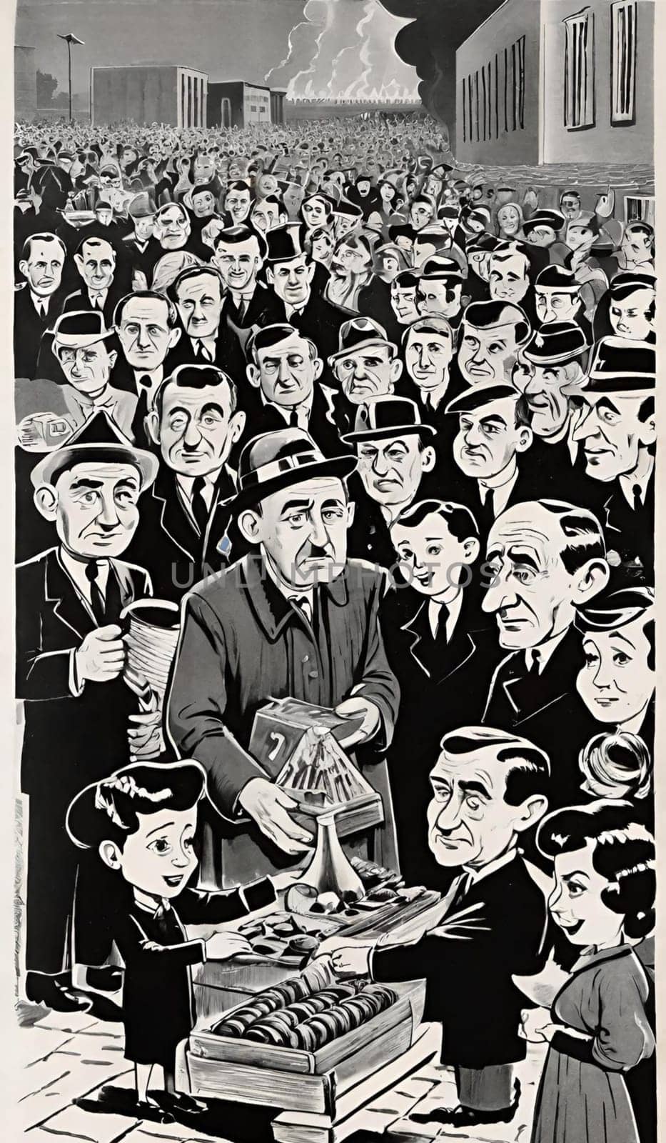 men crowd people black white illustration generated ai alt retro vintage . High quality illustration
