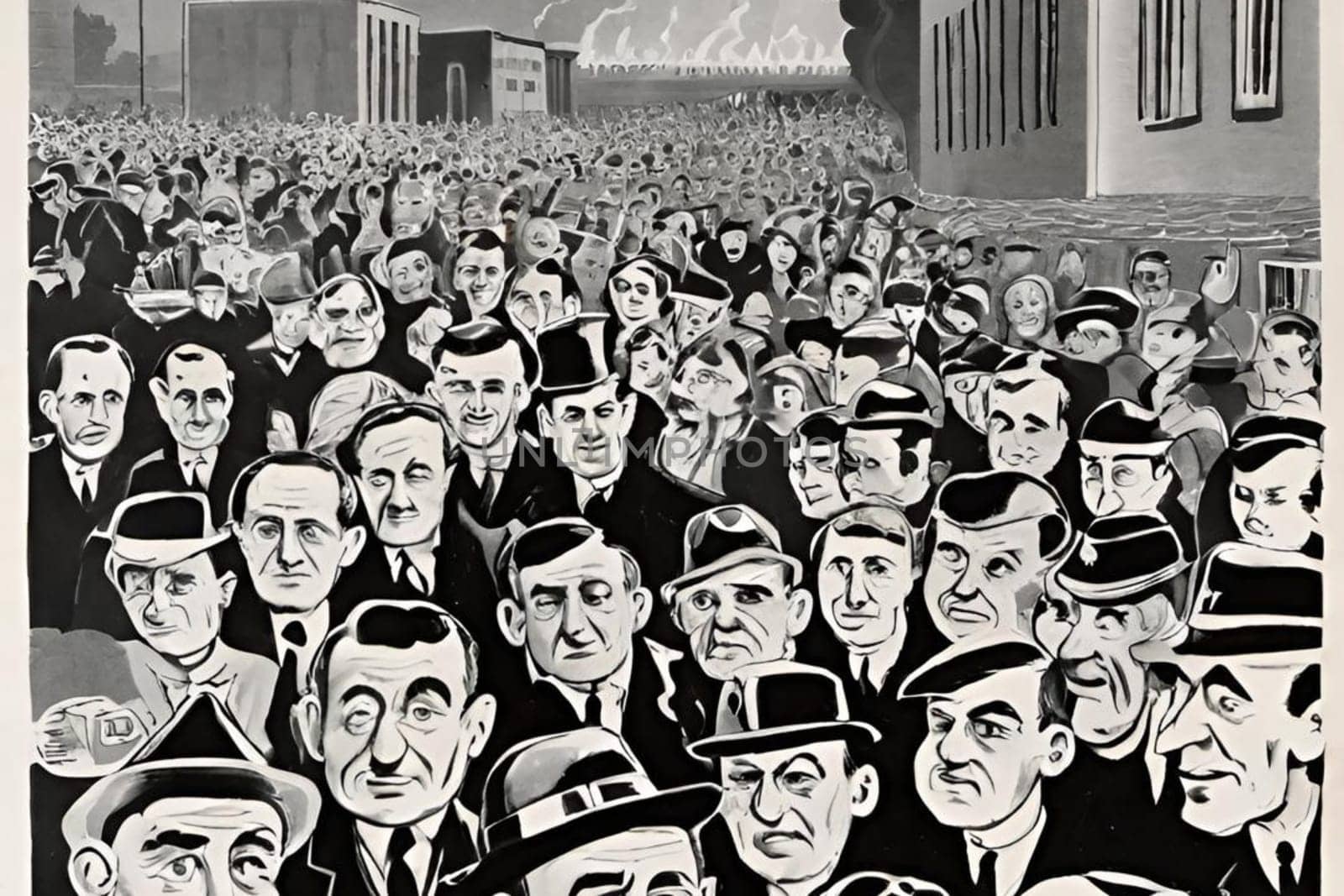 men crowd people black white illustration generated ai alt retro vintage . High quality illustration