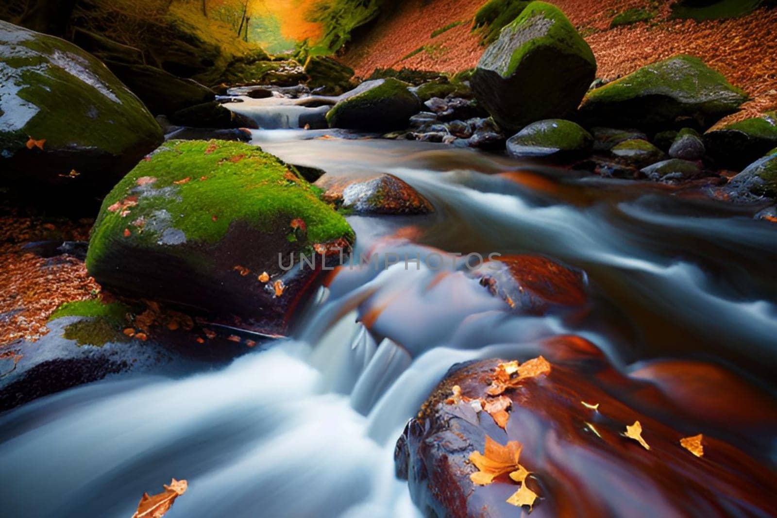 waterfall water stream river forest nature spring generated ai alt art. High quality illustration stones 3D render