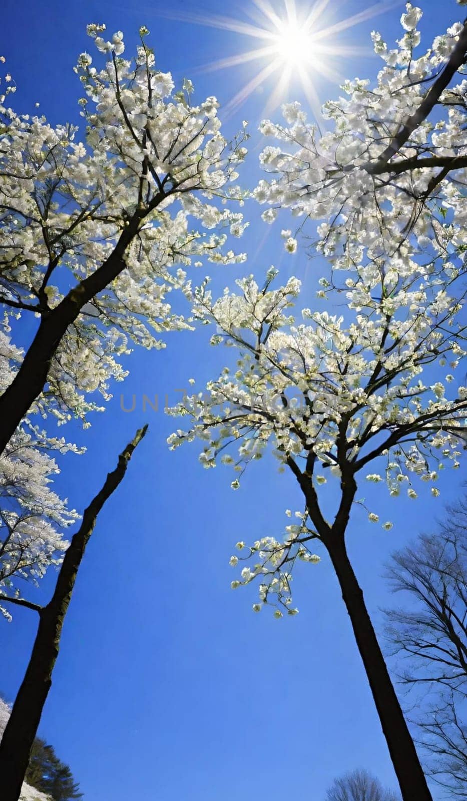 trees spring white blossom nature blue sky background illustration brunch sun lights generated ai alt