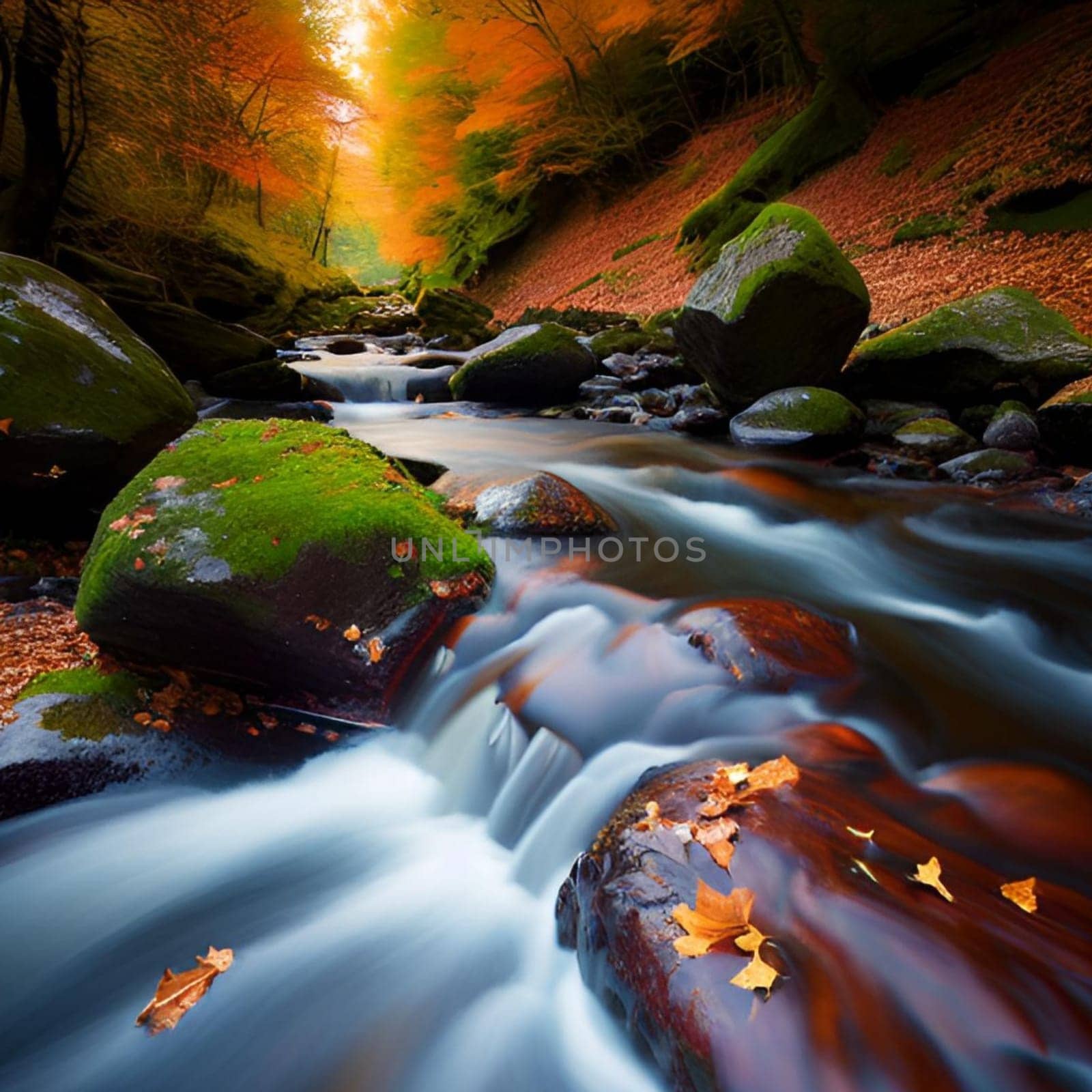 waterfall water stream river forest nature spring generated ai alt art. High quality illustration stones 3D render