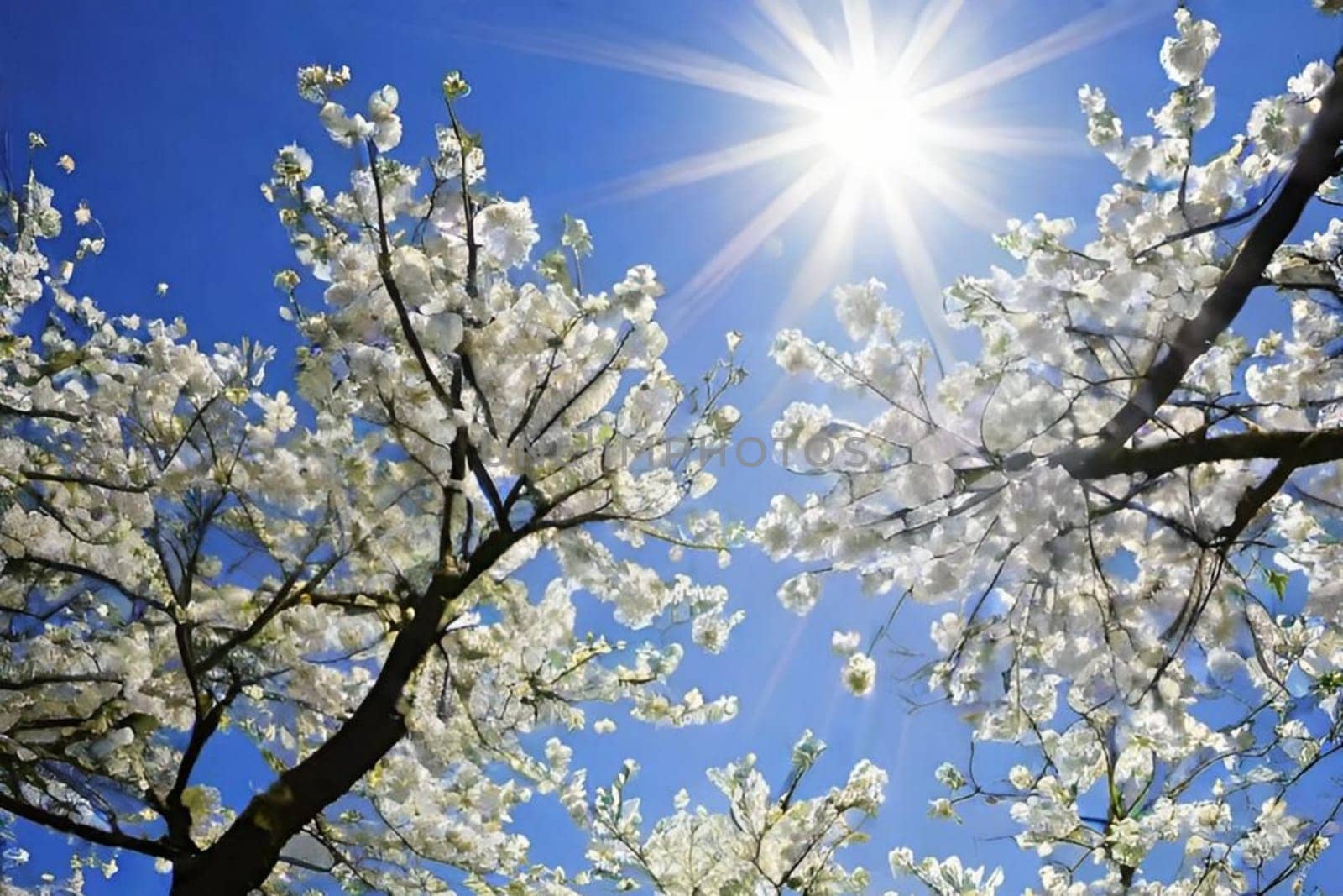 trees spring white blossom nature blue sky background illustration brunch sun lights generated ai alt