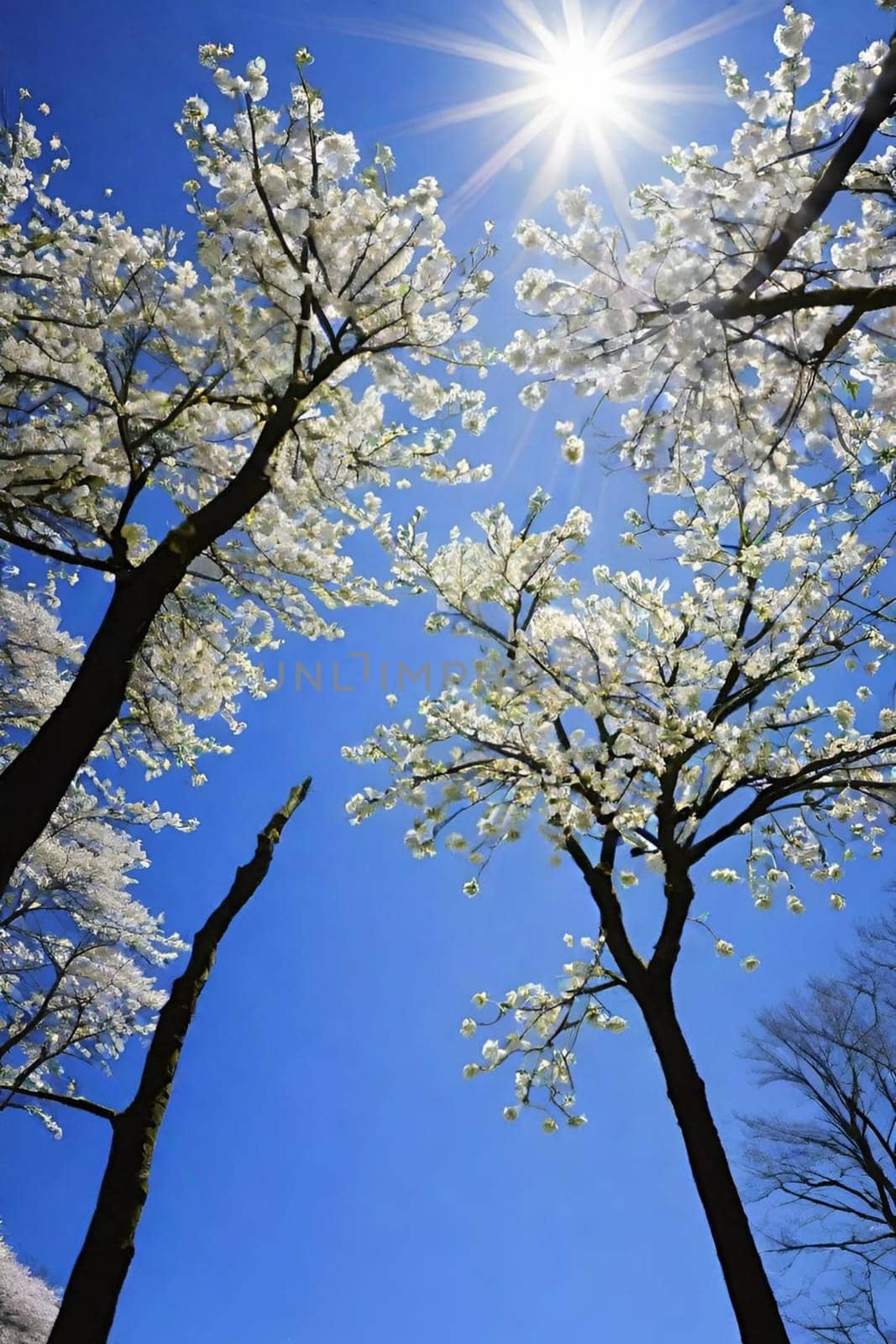 trees spring white blossom nature blue sky background illustration brunch sun lights generated ai alt