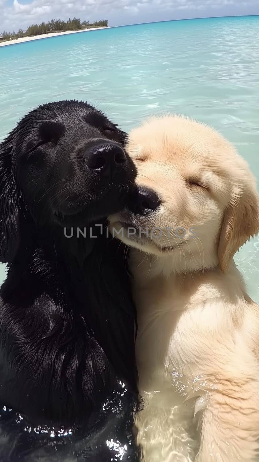 Black and golden retriever puppies enjoying a bath in the turquoise water of a tropical beach