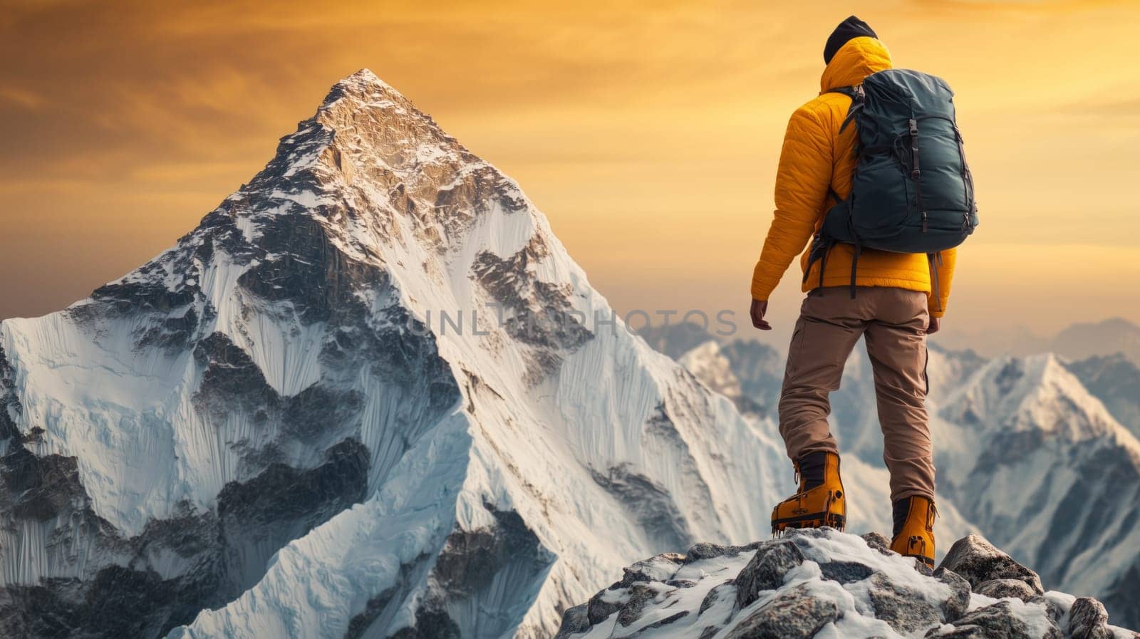 Hiker standing on a mountain peak, enjoying a stunning sunset view over the snow-capped himalayas