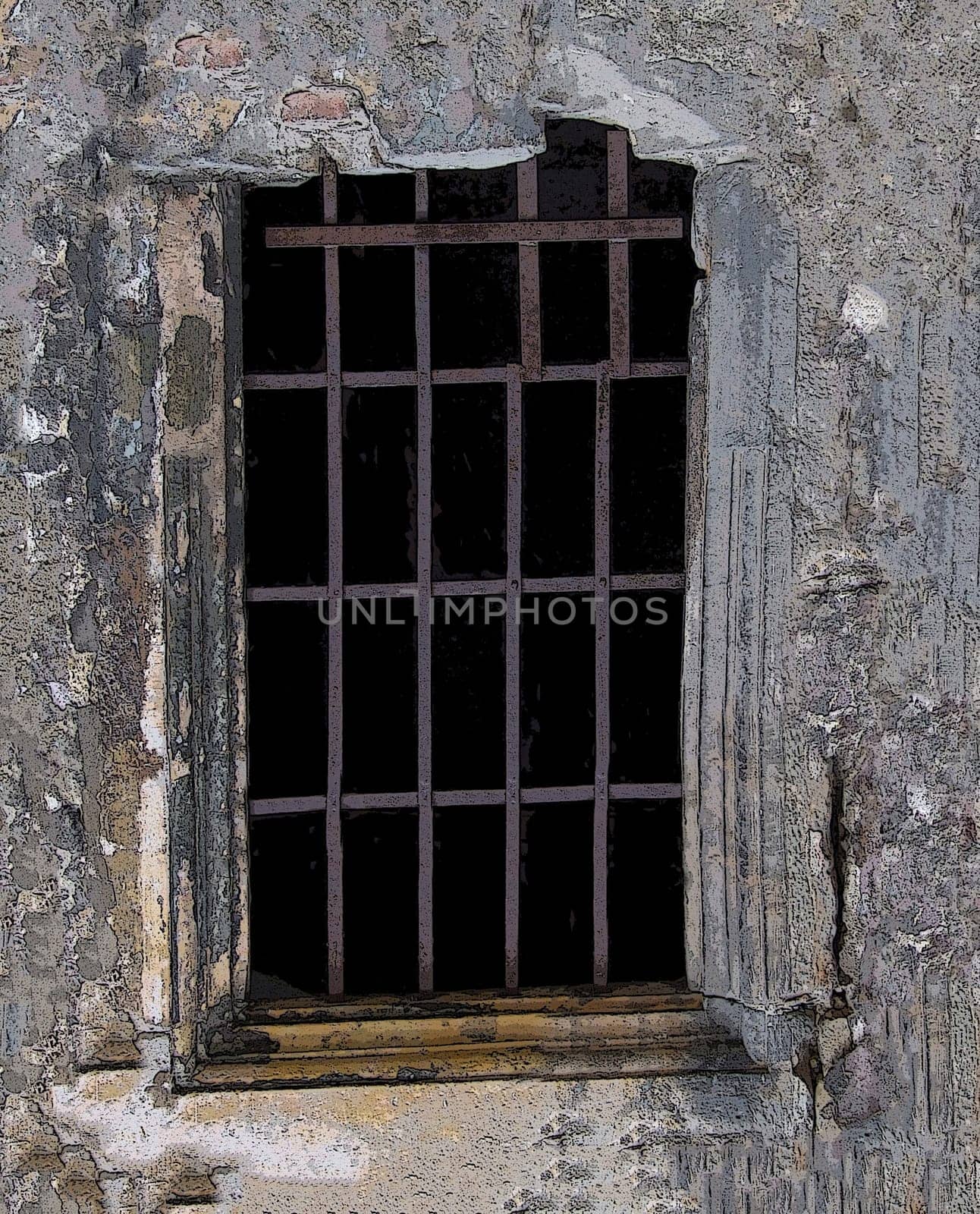 An old window with a rusty metal grille of a historic building