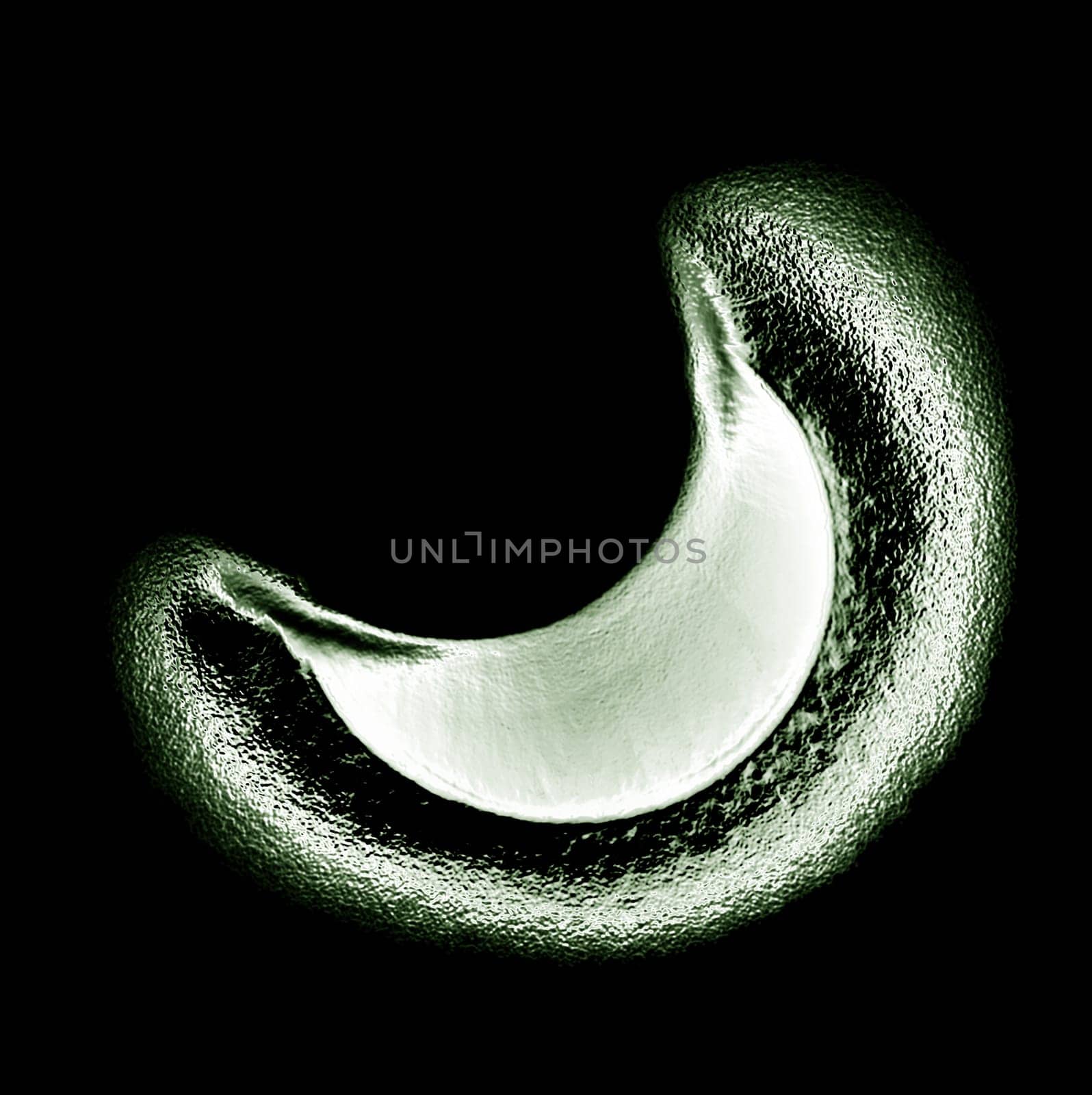 On a black background there is a convex 3d crescent pattern with a rough graininess of gray color