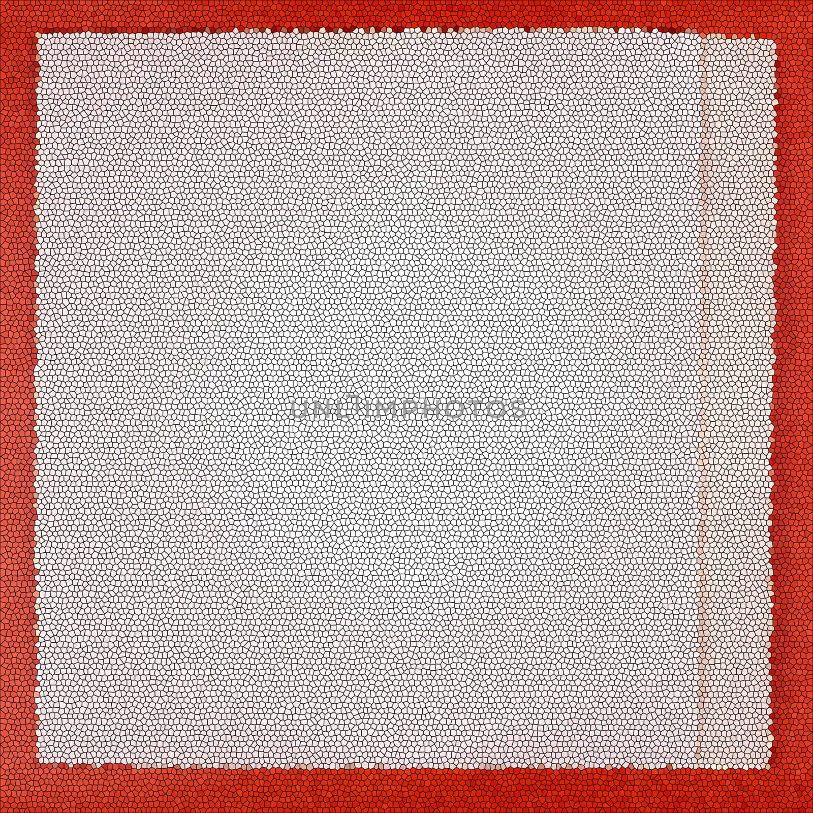 White frame with mosaic texture and uneven edges on a red mosaic background