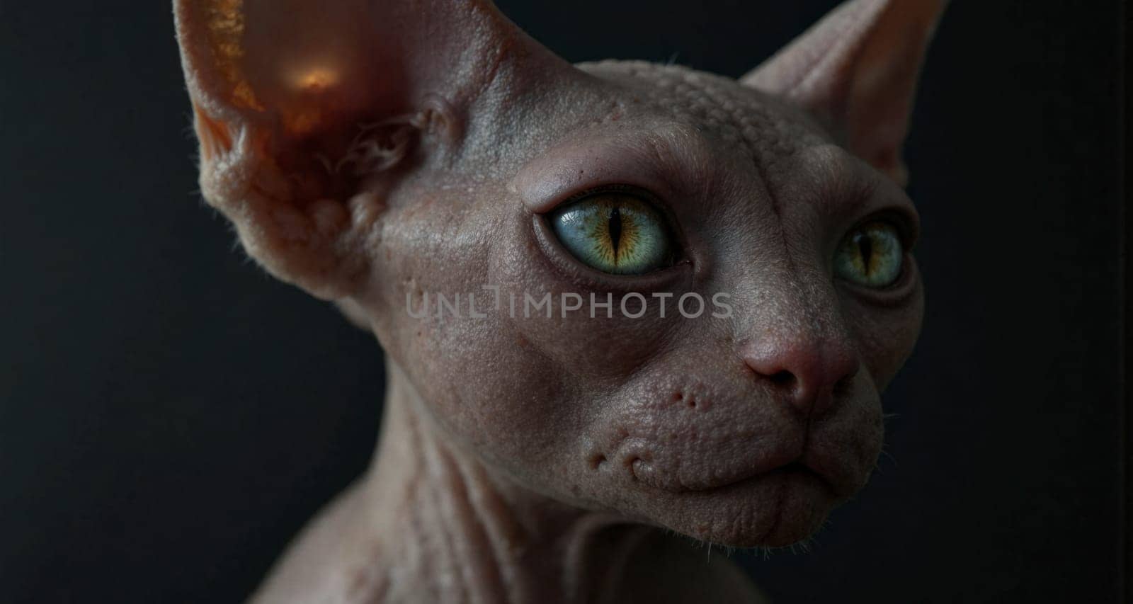 A cat with a green eye stares at the camera. The cat has a very smooth and shiny coat