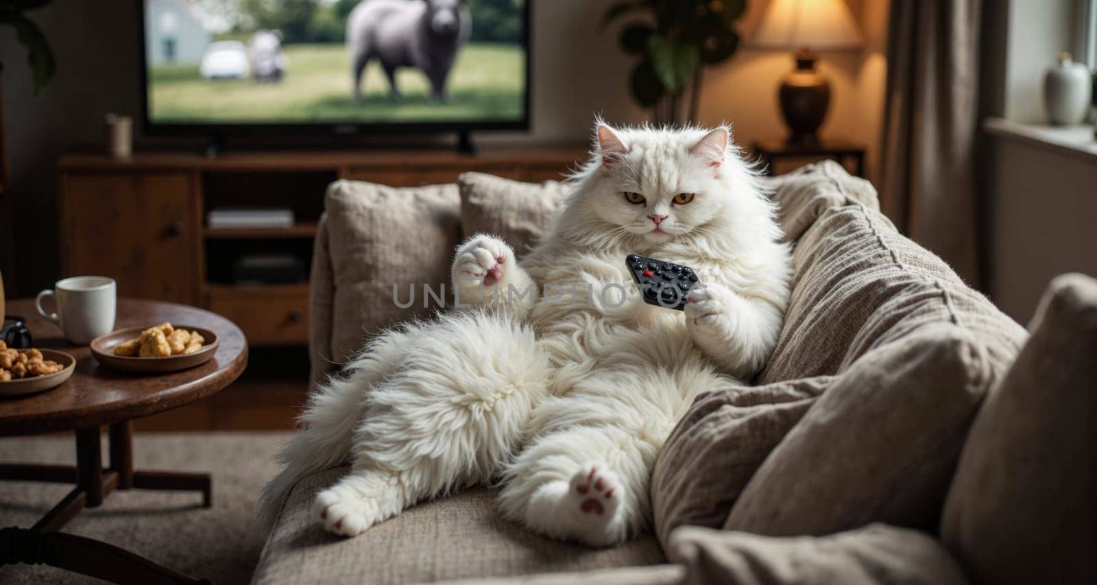 A cat is sitting on a couch and holding a remote control. The cat appears to be watching television