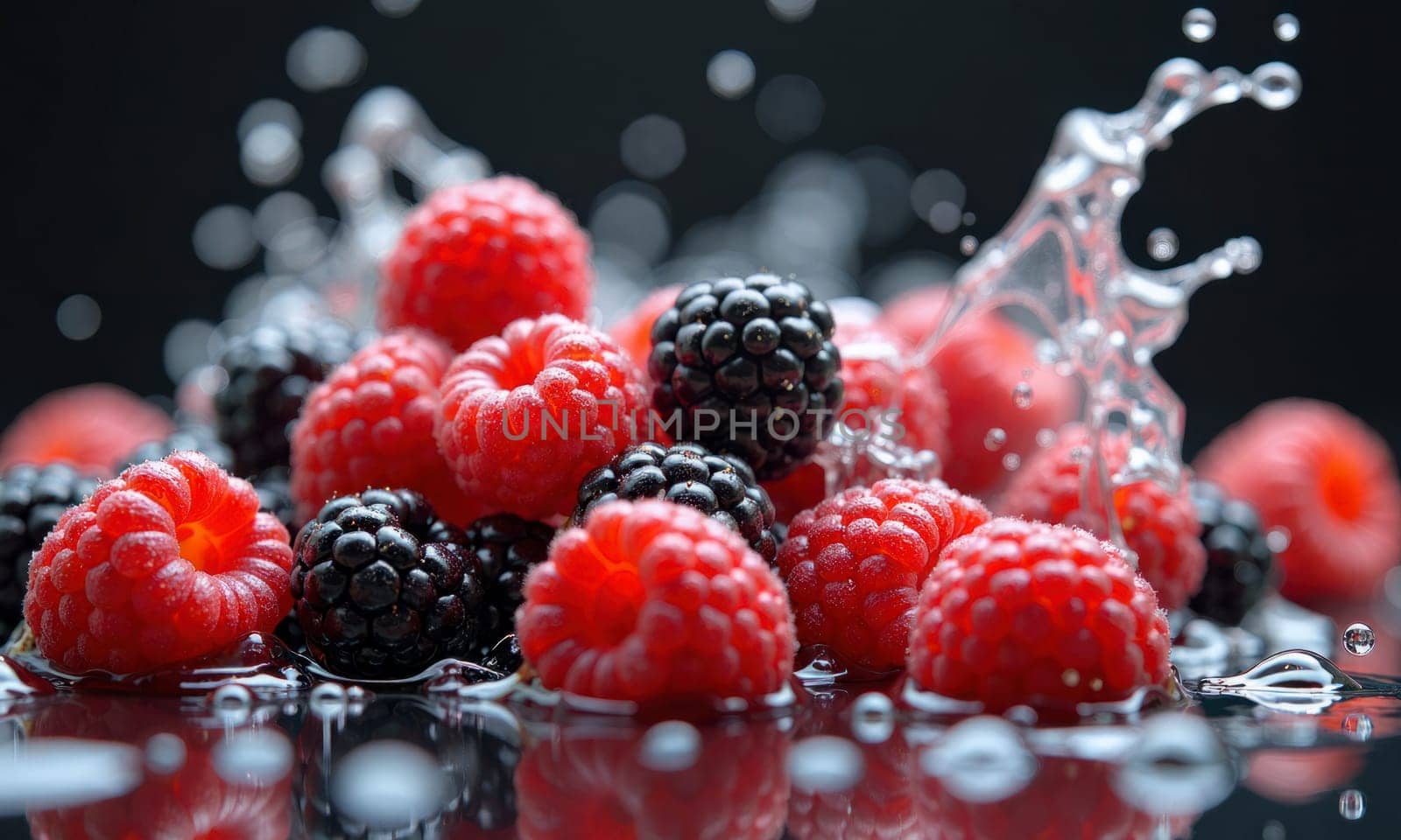 A close up of a bunch of raspberries and blackberries with water splashing around them