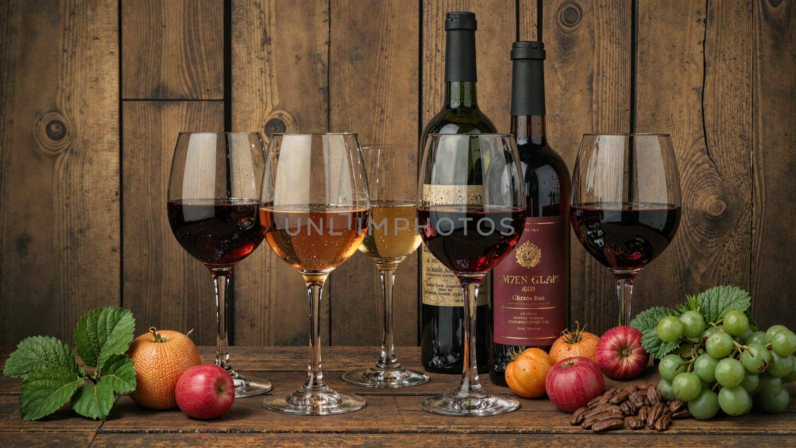 A table with a variety of fruits and wine glasses. The wine glasses are filled with different types of wine, and there are several bottles of wine on the table as well