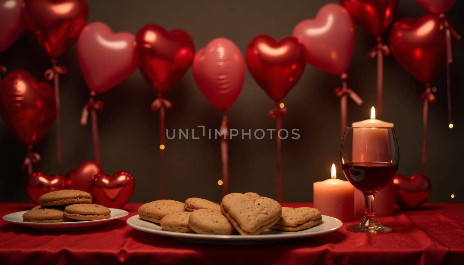A candle is lit on a table with a plate of cookies and a glass of wine. The table is set for a romantic dinner with a heart-shaped tablecloth and balloons in the background