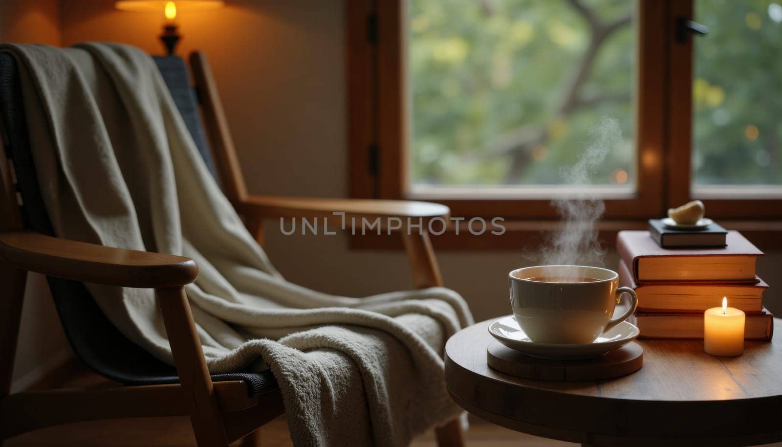 A cozy living room with a white chair, a table with a cup of tea, a book, and a candle. The atmosphere is warm and inviting