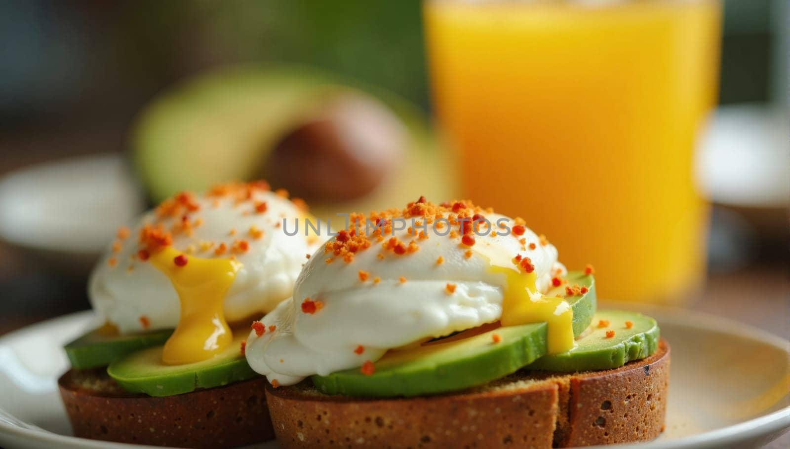 Two avocado toast sandwiches with a side of orange juice. The toast is topped with cheese and a sprinkle of chili flakes. The plate is set on a wooden table