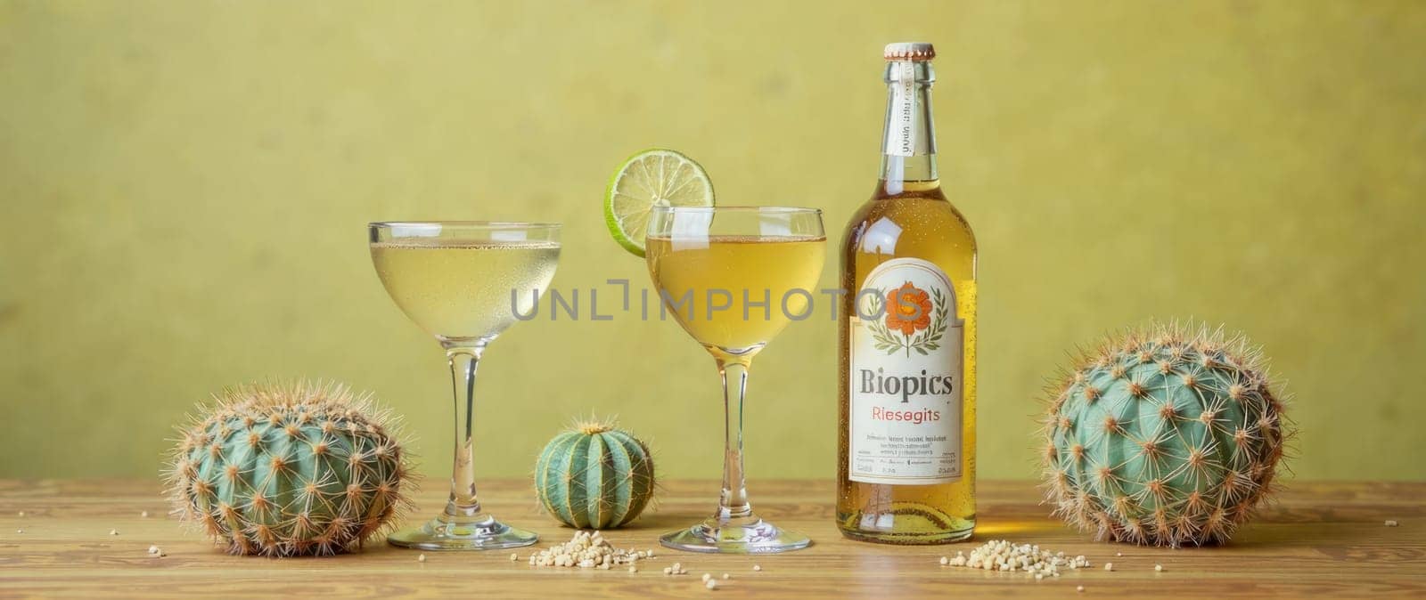 A bottle of Dopies sits on a table next to two glasses. The bottle is labeled with a white label and the glasses are filled with a clear liquid. Concept of sophistication and elegance, as the glasses