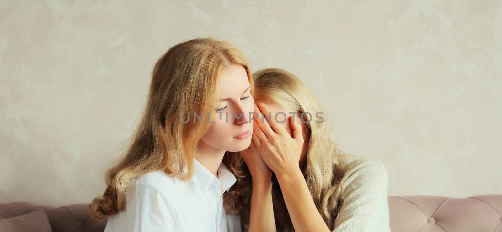 Upset offended caucasian middle aged mother or sister and adult daughter together sitting on couch at home