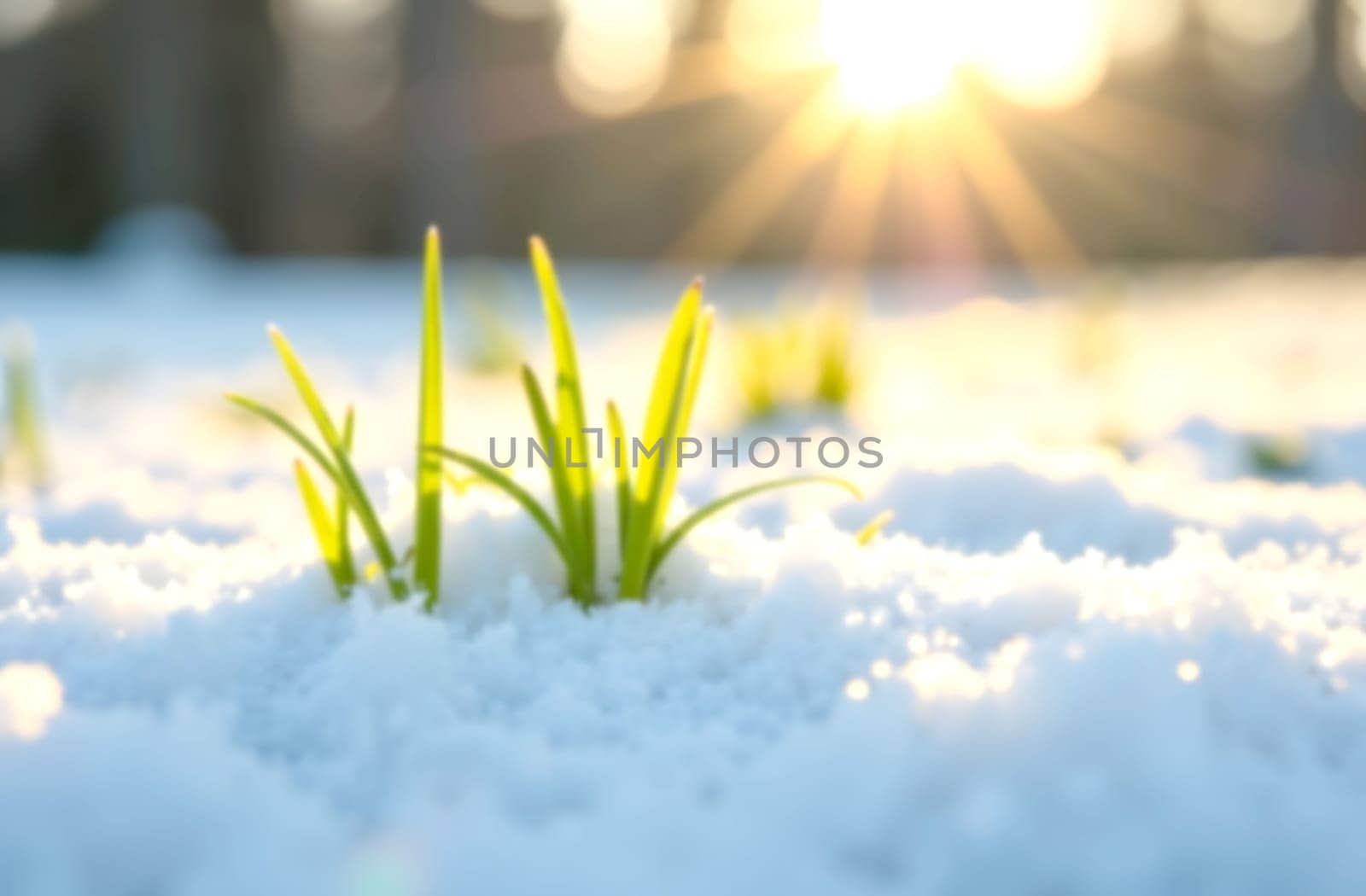 Fresh green grass breaks through a blanket of snow, illuminated by the early morning sunlight creating a serene winter landscape. Blurred picture.