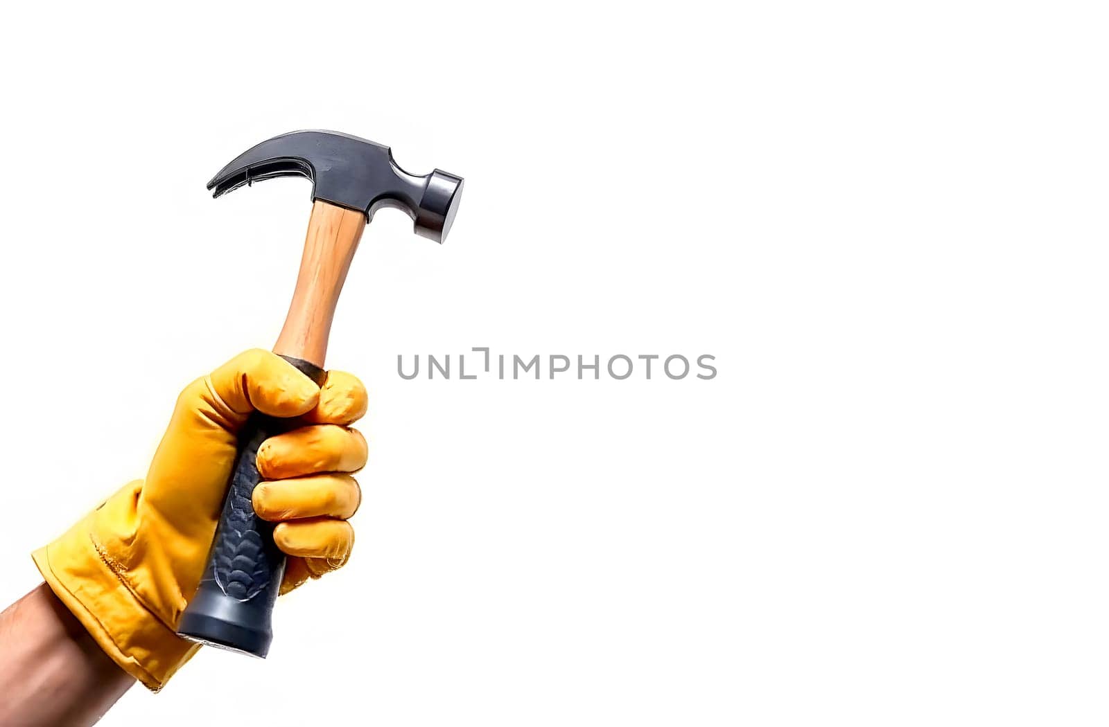 A hand wearing a yellow glove grips a hammer, poised for work on a construction or repair task, demonstrating readiness and focus.