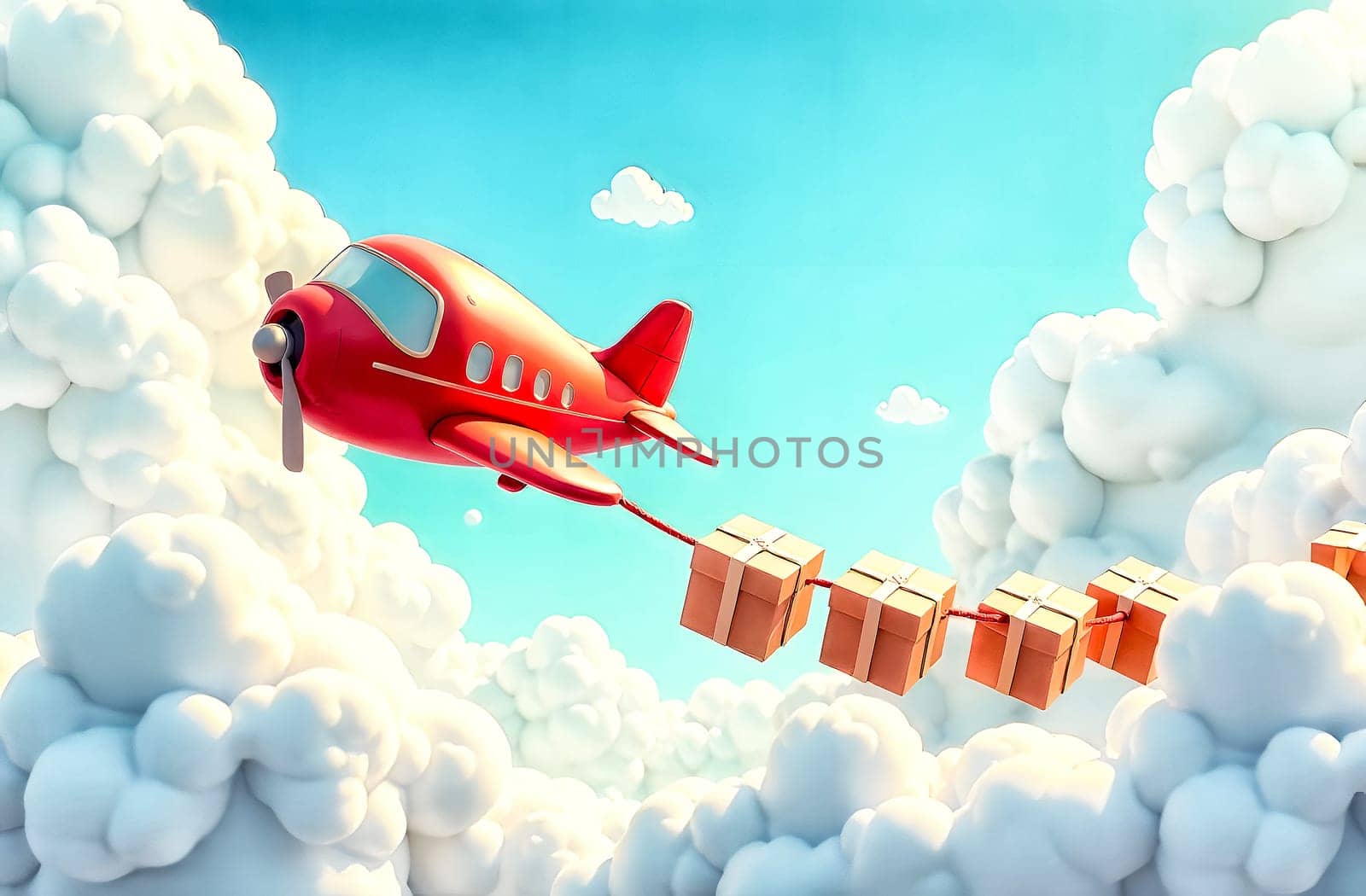 A small red airplane drags cargo boxes across a bright, fluffy sky filled with clouds, representing fast and reliable delivery.