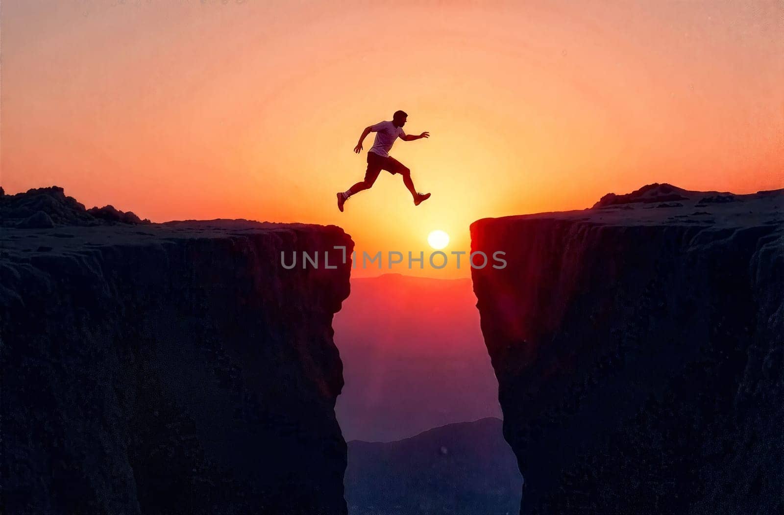 A man leaps across a deep gorge at sunset, symbolizing courage and problem-solving in the face of difficulties.