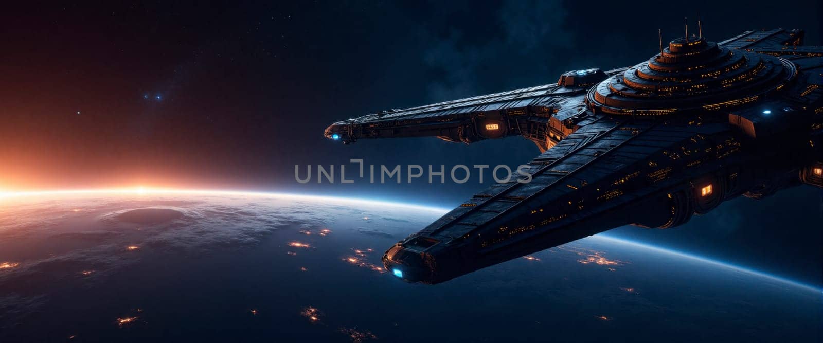 A large space ship is flying through the sky above a planet. The ship is surrounded by a bright orange glow, which gives the scene a sense of adventure and excitement