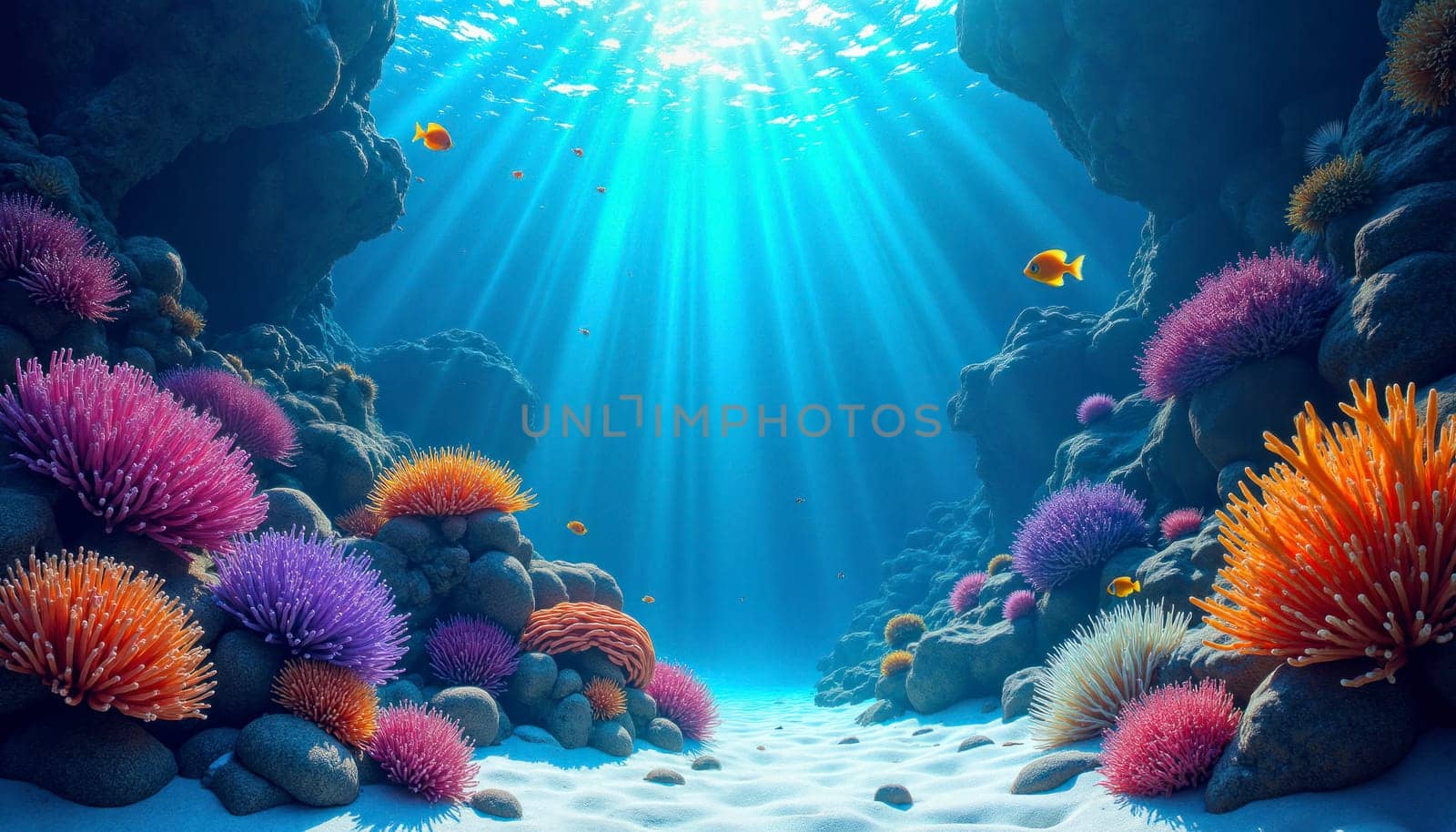 A colorful underwater scene with a rocky bottom and a variety of fish swimming around. The bright colors of the coral and fish create a lively and vibrant atmosphere