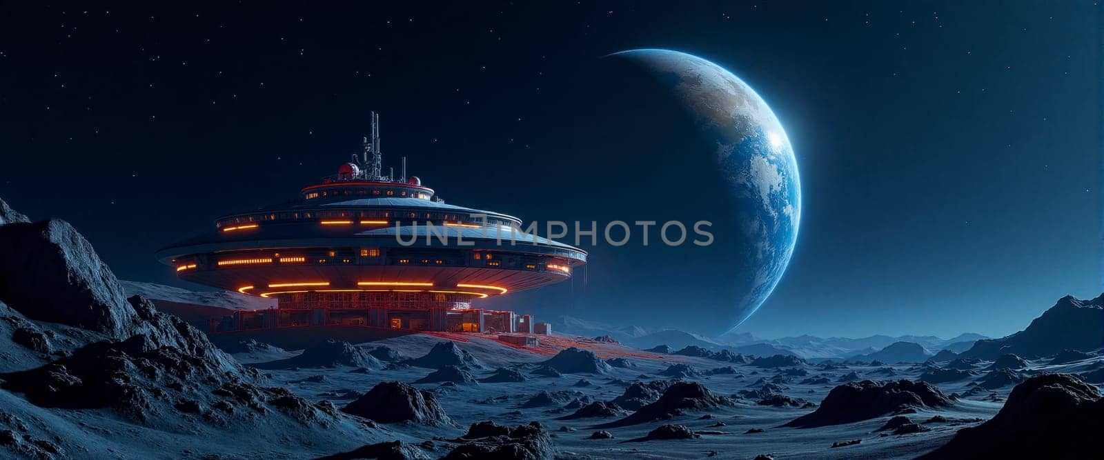 A space station is in the foreground of a picture of a planet. The planet is a large, round object with a blue and red color scheme. The sky is dark and the stars are visible