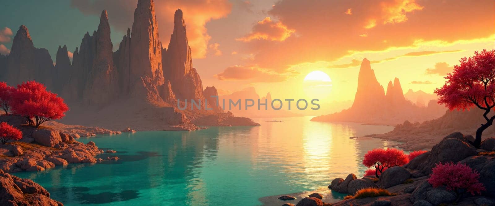 A beautiful sunset over a body of water with mountains in the background. The sky is filled with clouds and the sun is setting, creating a warm and peaceful atmosphere