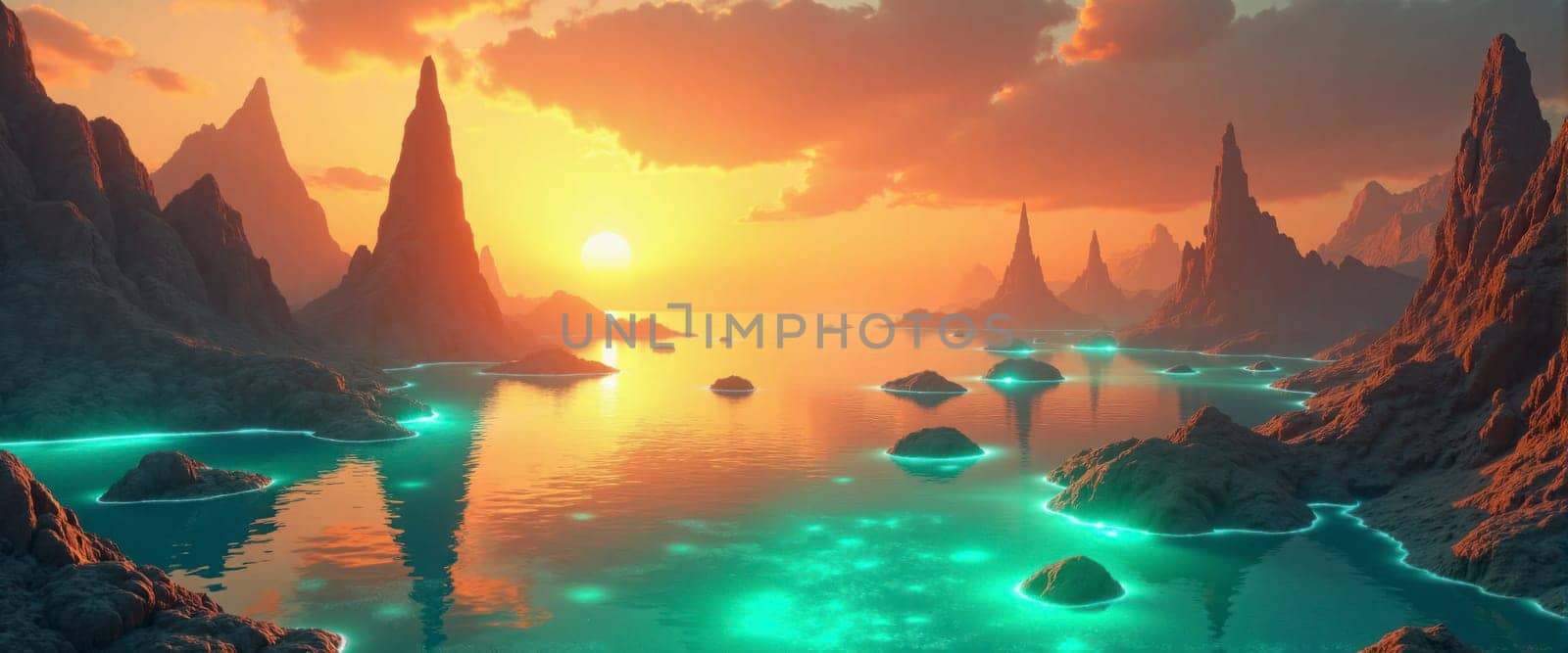 A beautiful sunset over a body of water with mountains in the background. The sky is filled with clouds and the sun is setting, creating a warm and peaceful atmosphere
